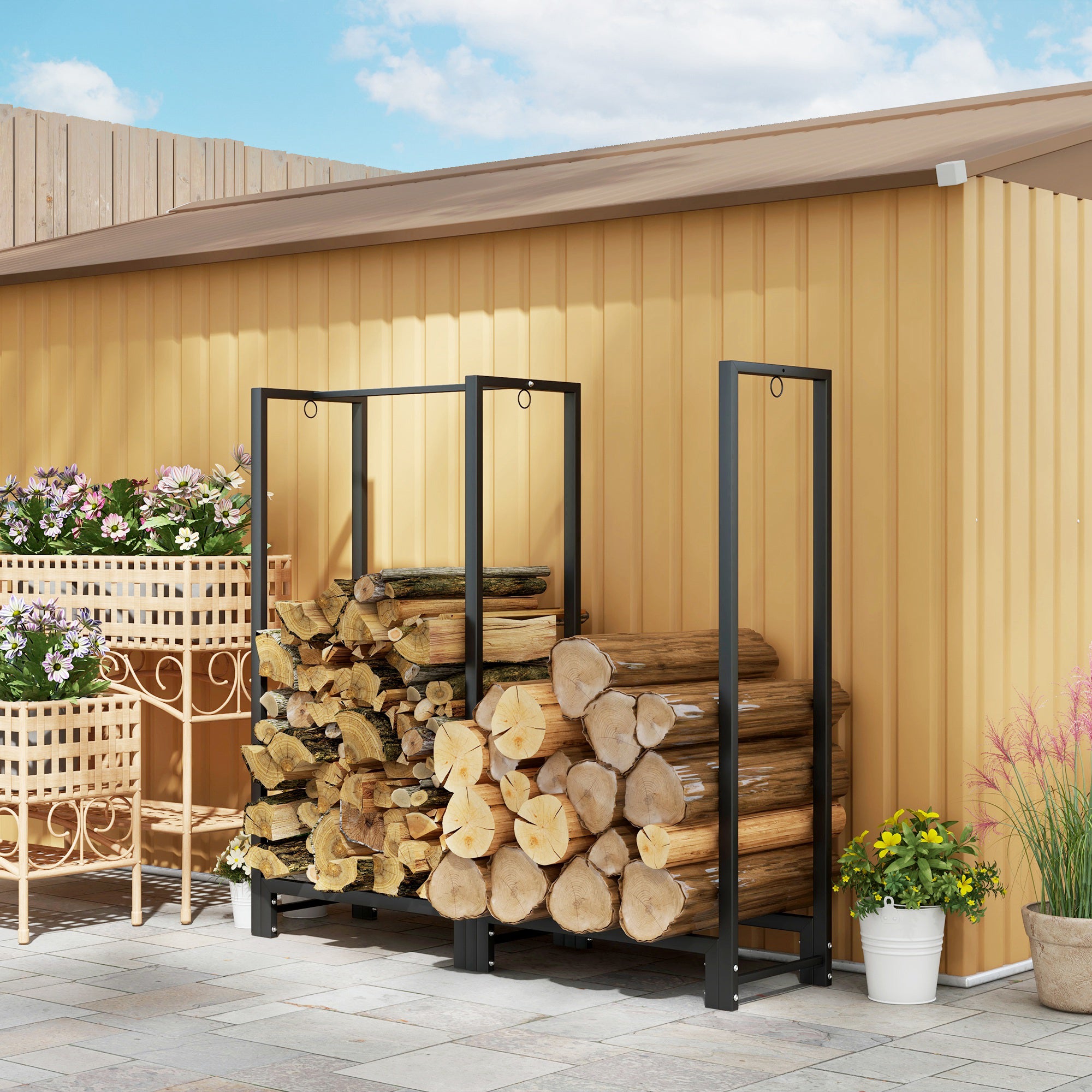 Firewood Rack with Two Sections, Three Hooks, 200 kg Load Capacity, Steel, Black