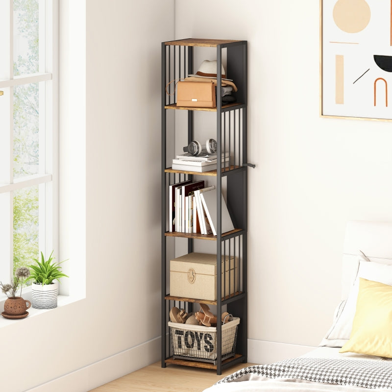 Bookshelf 5-Tier Steel Frame Rustic Brown