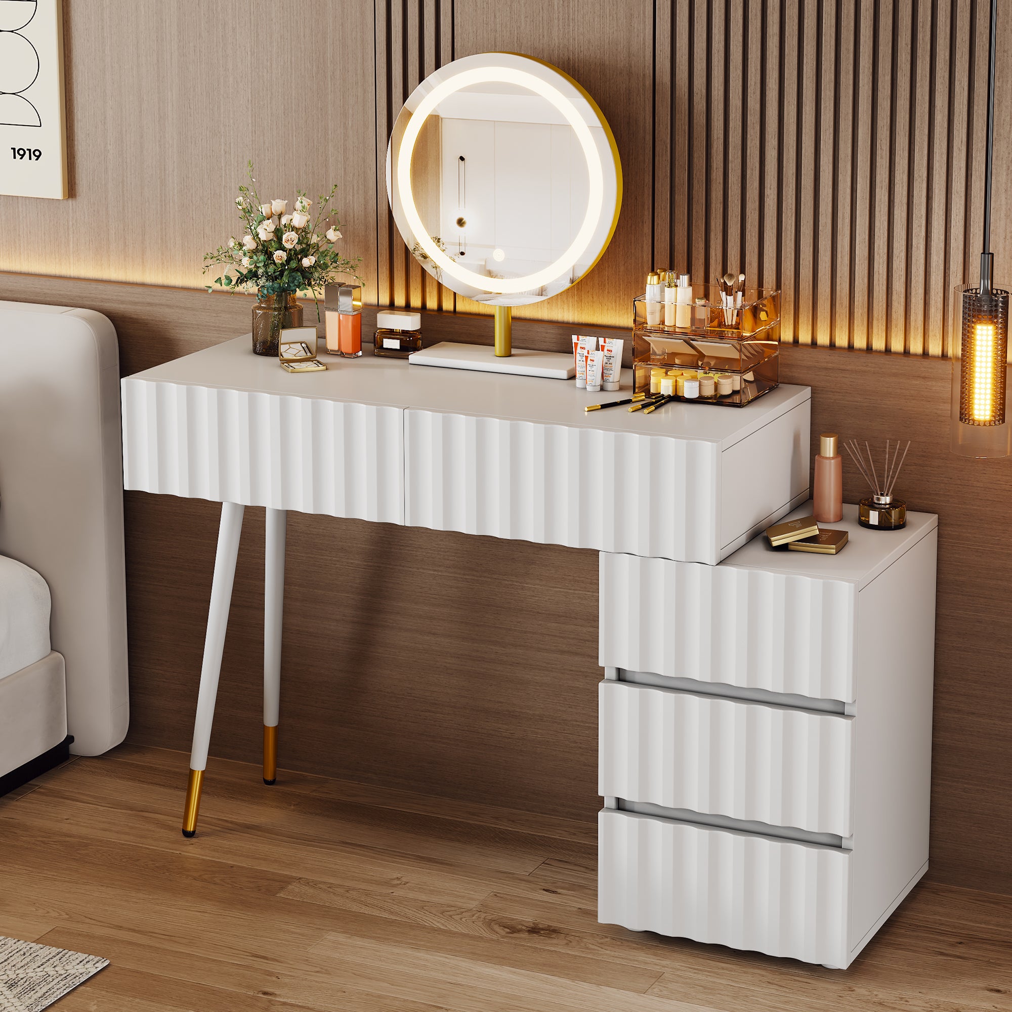 Dressing table with LED mirror and lighting, 5 spacious drawers, white