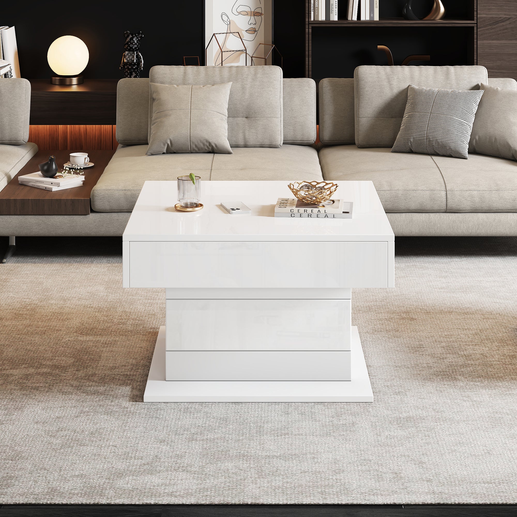 Coffee Table Geometric Lift-Up 360° Swivel Top 1 Drawer Hidden Storage - High-Gloss White