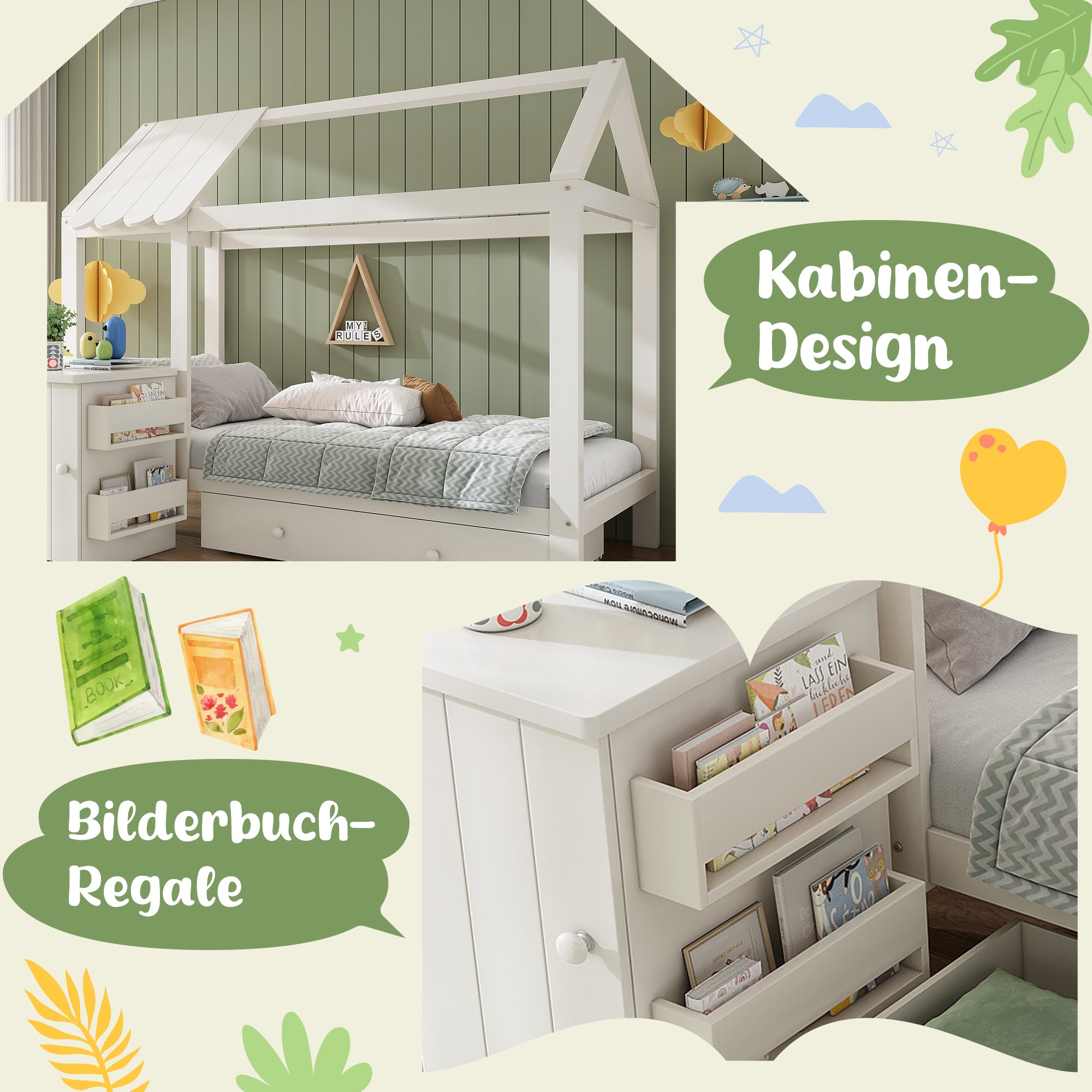 House Bed Children's Bed 90x200 cm, Solid Wood with Drawers & Removable Bedside Table, White