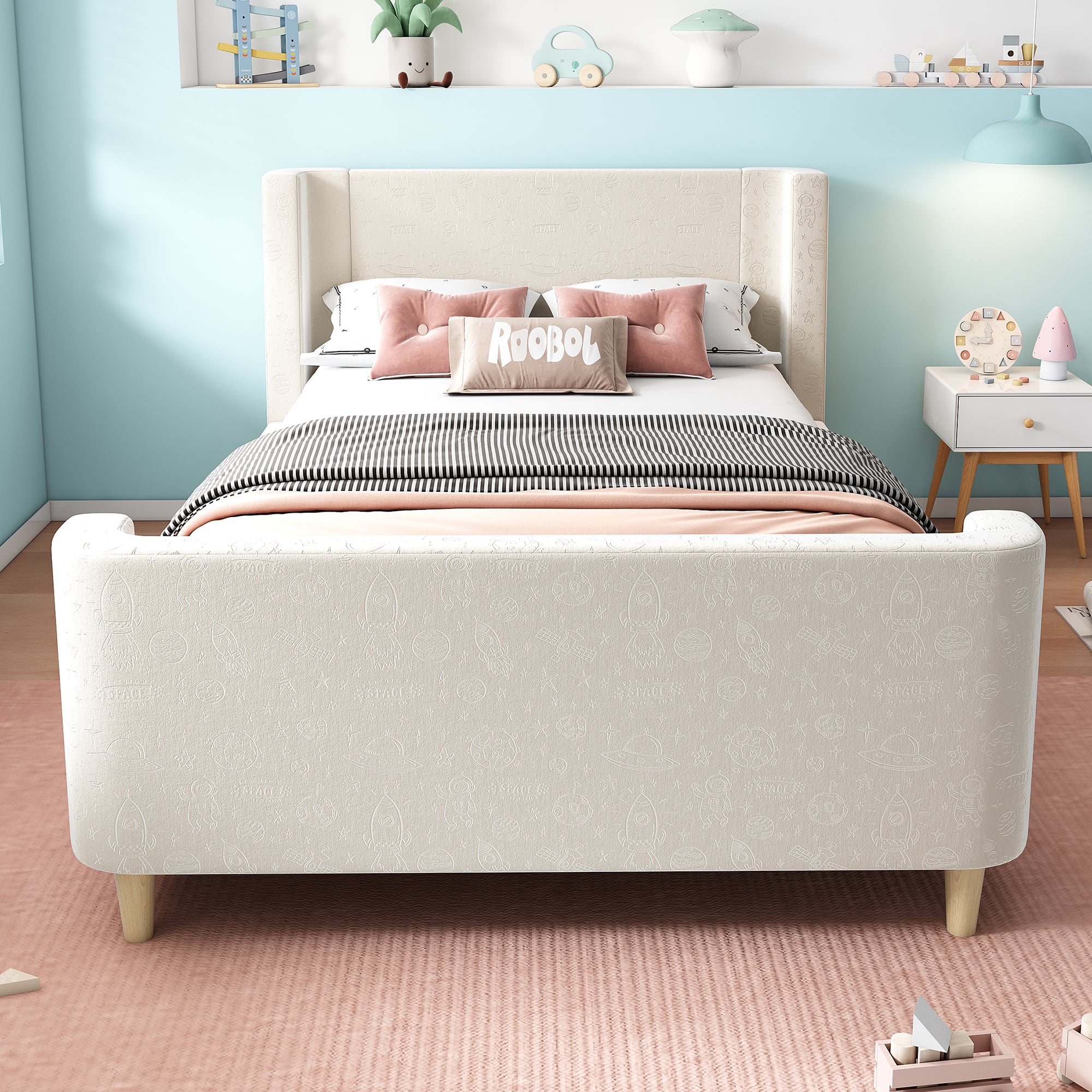 Upholstered Children's Bed, Single Sleigh with Cosmic Pattern, Beige Velvet