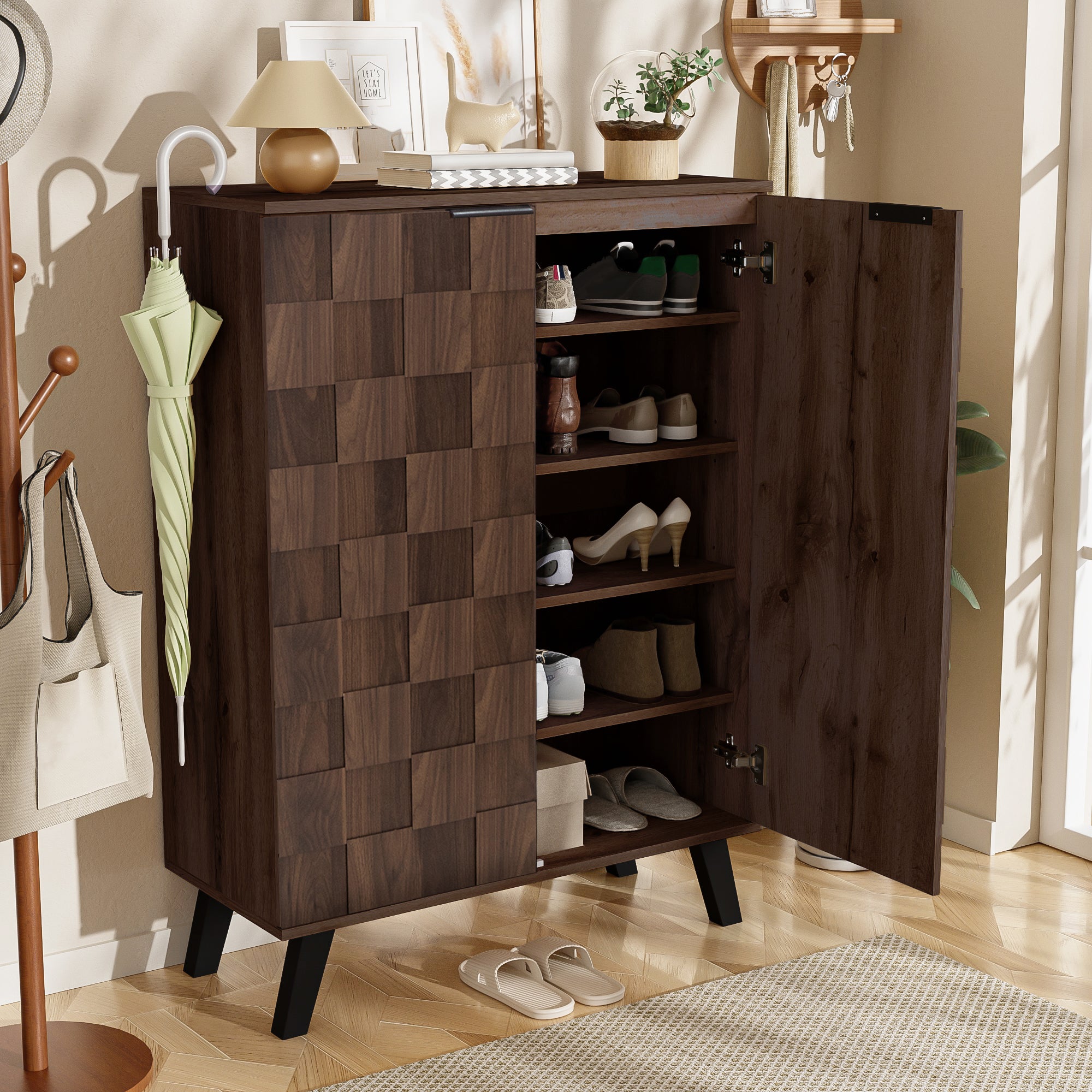 Sideboard Shoe Cabinet, 5 Compartments Adjustable Shelves, Dark Wood Grain