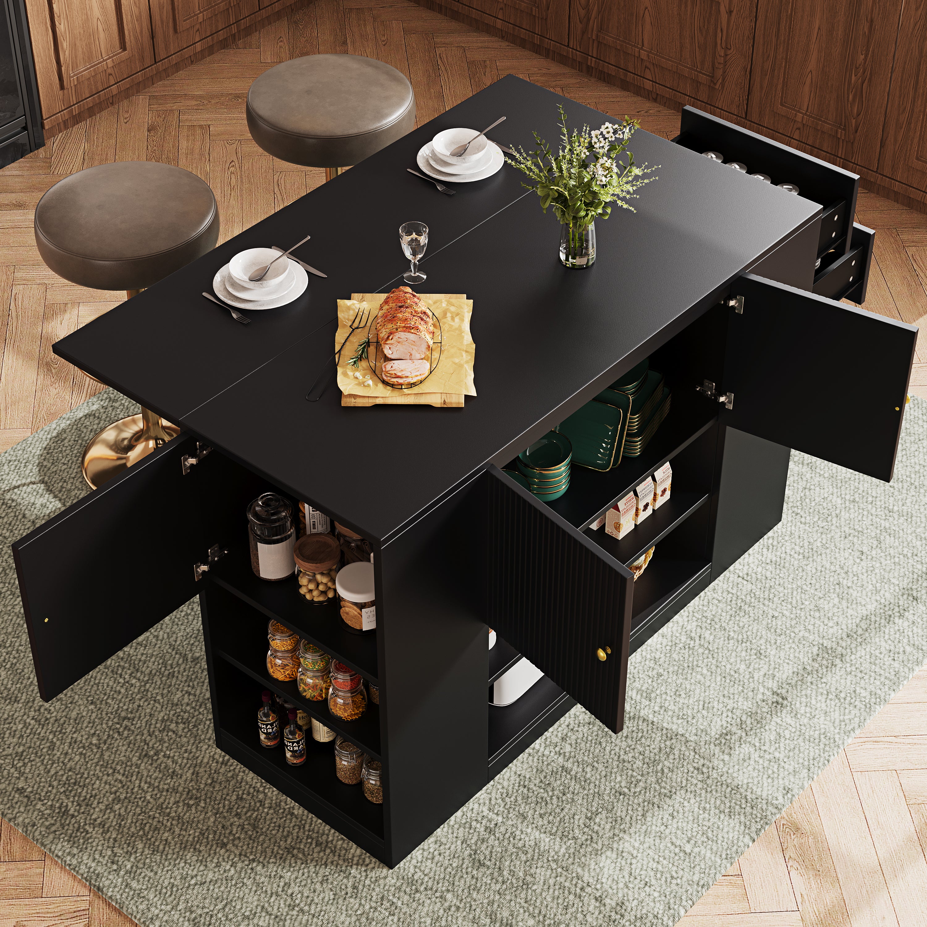 Modern Kitchen Island Cabinet Drawers Shelves Buffet Storage - Black
