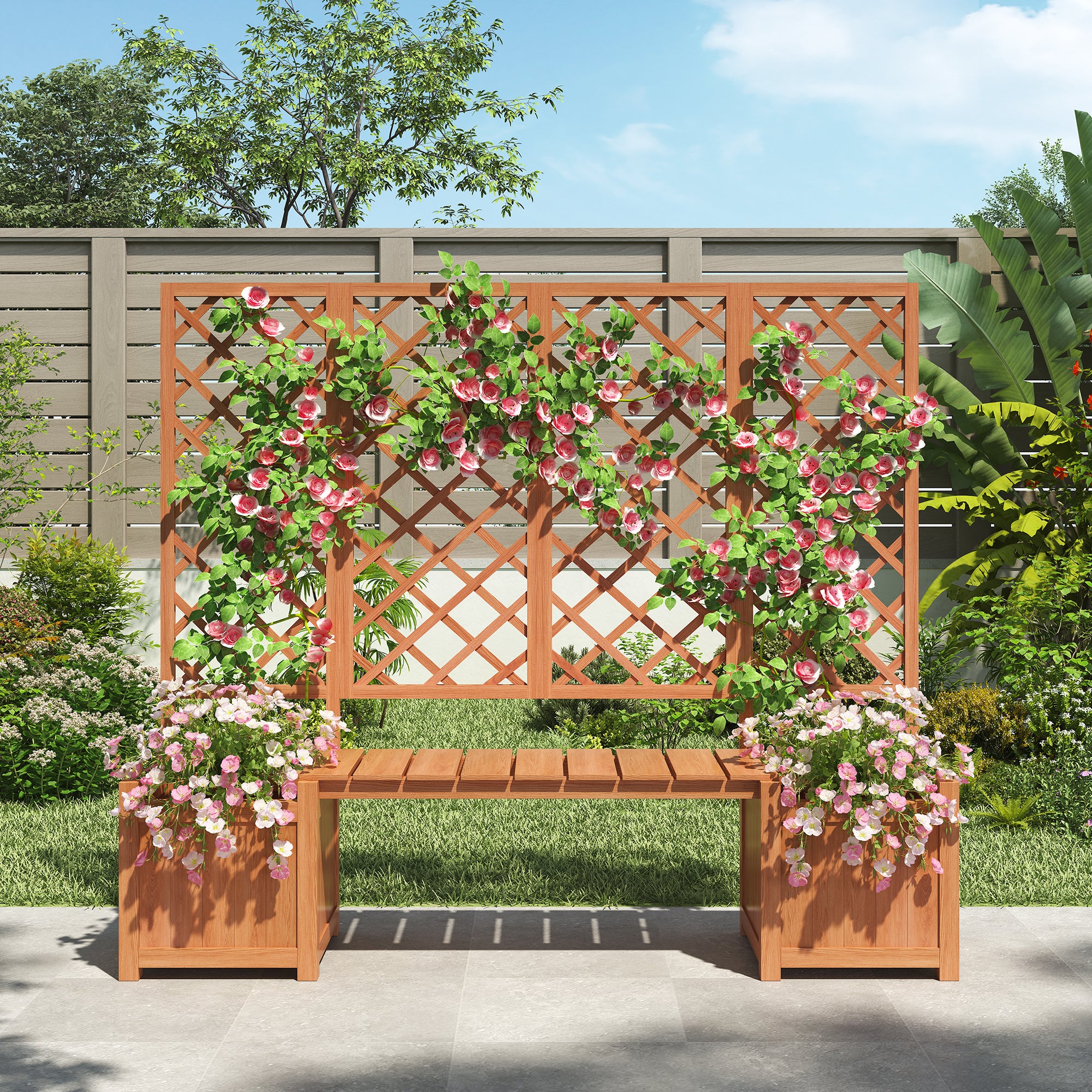Planter Box with Trellis, Seat & Storage - Brown Solid Fir Wood