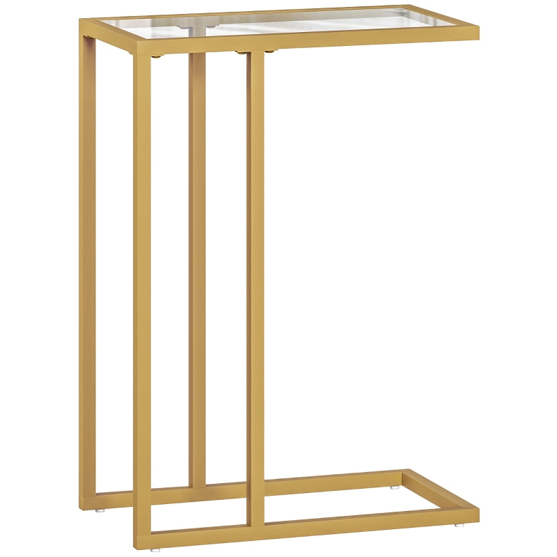 C-Shaped Side Table, Slim End Table with Tempered Glass Tabletop, Gold Tone Steel Frame