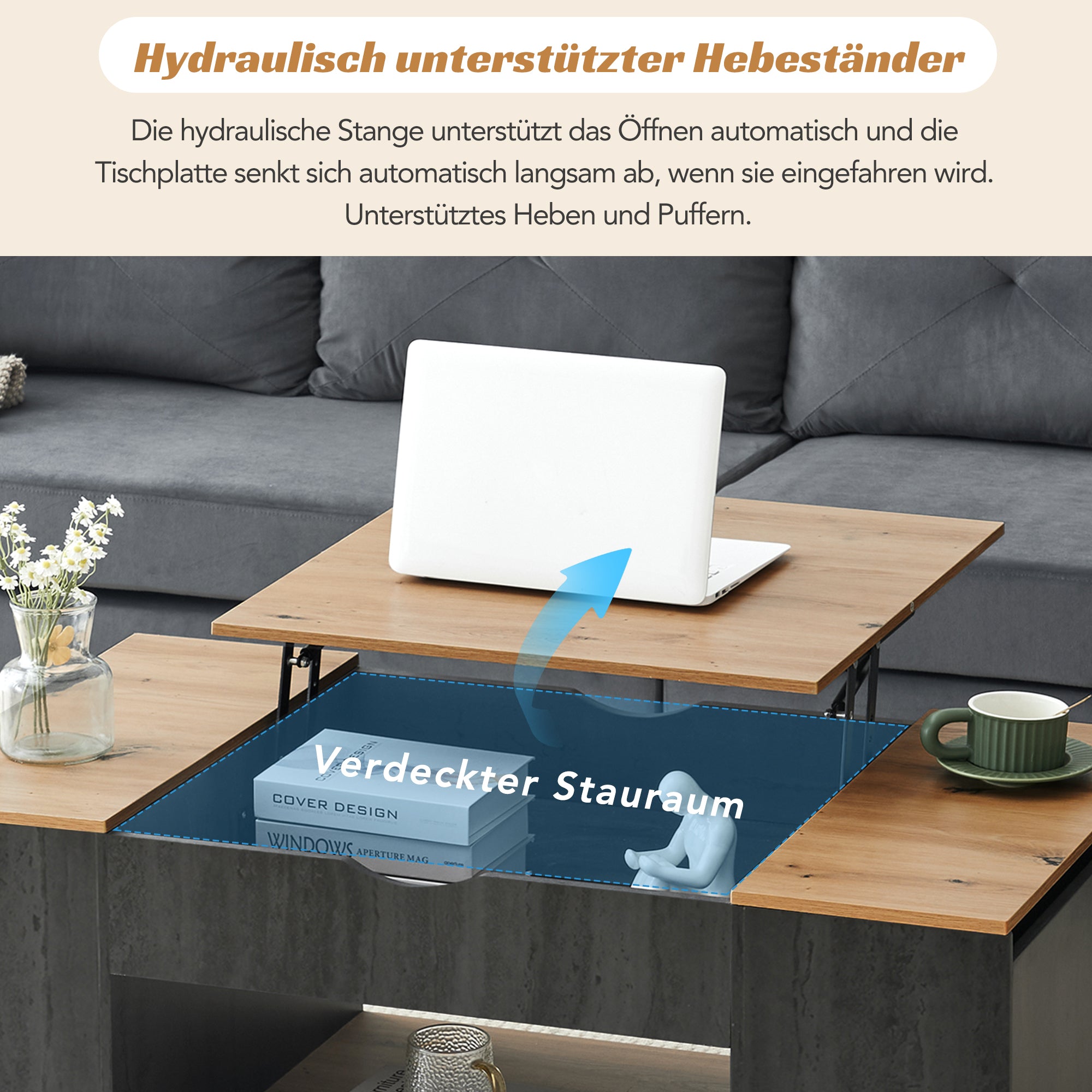 Coffee Table with Lift Function & Storage 109.5cm - Grey Frame