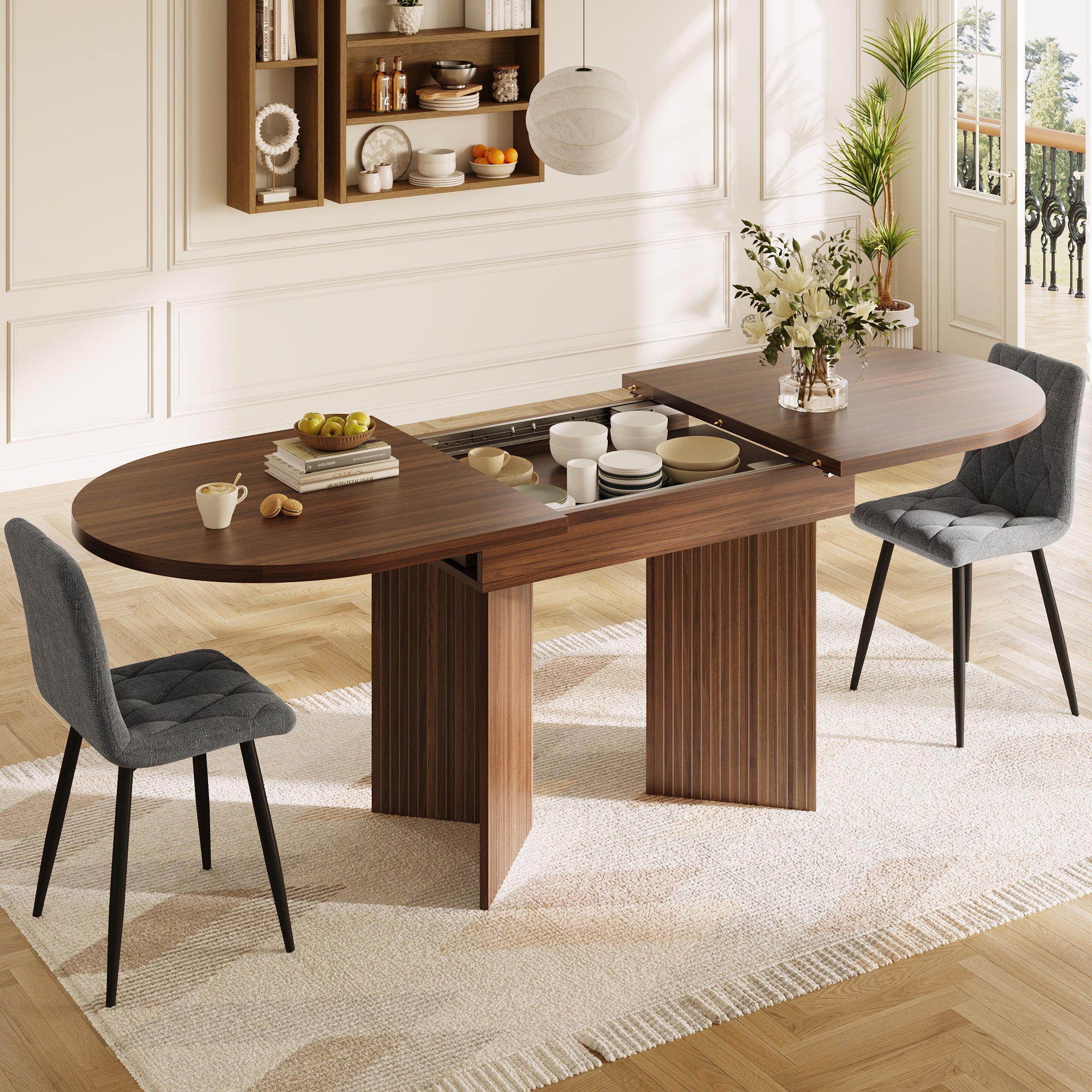 Extendable Dining Table with Internal Extension Leaves, 120-160 cm, Walnut Wood Finish