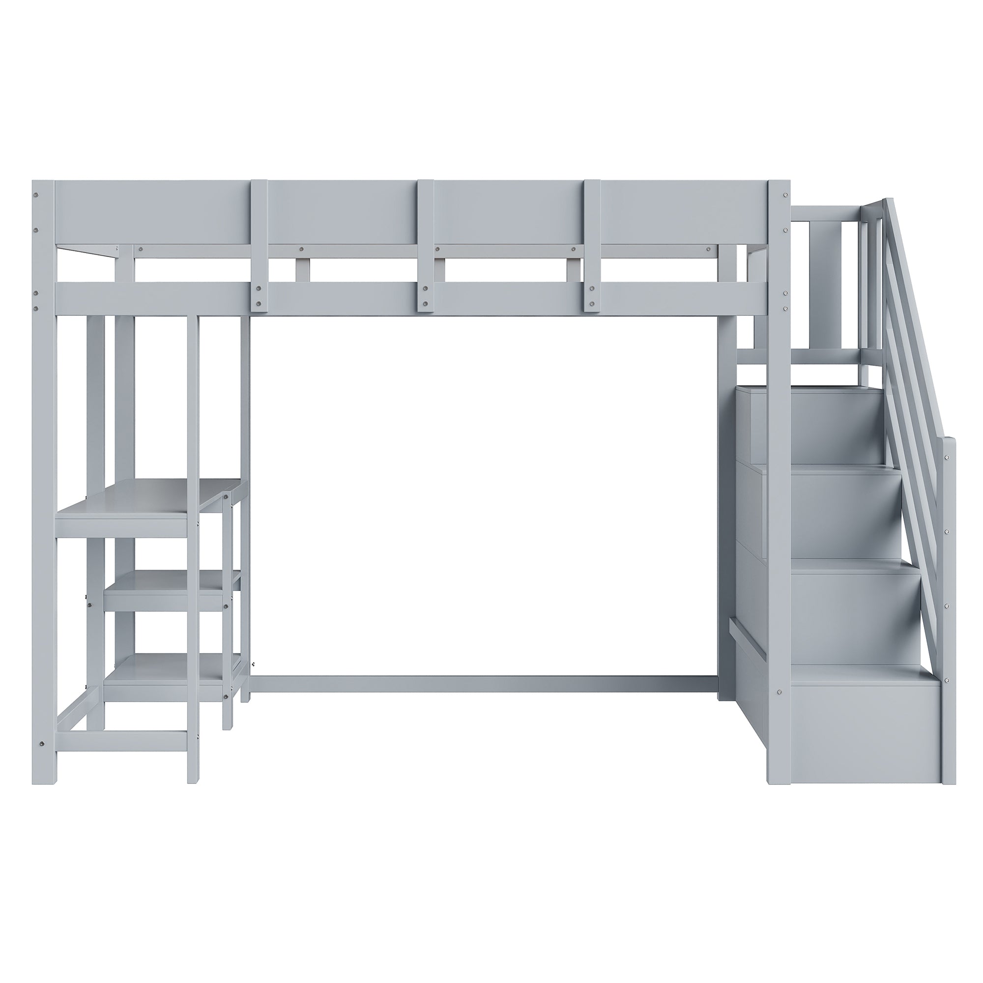 Bunk Bed, Multifunctional Loft with Storage & Shelf, Solid Pine Wood, Grey