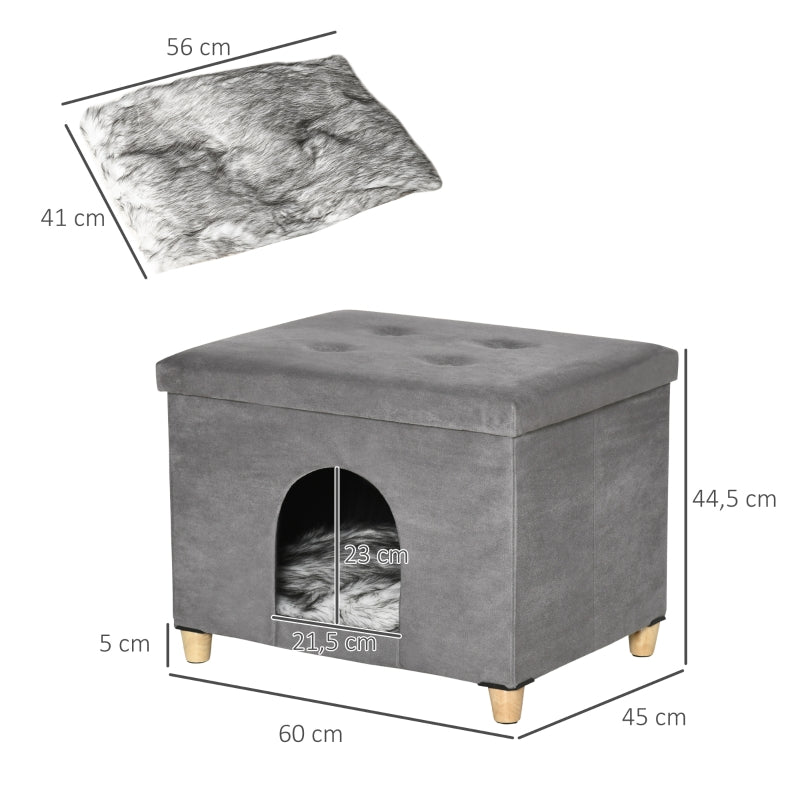 PawHut 2-in-1 Cat Cave Footstool with Cushion, Cat House, Cat Basket, Plush Grey
