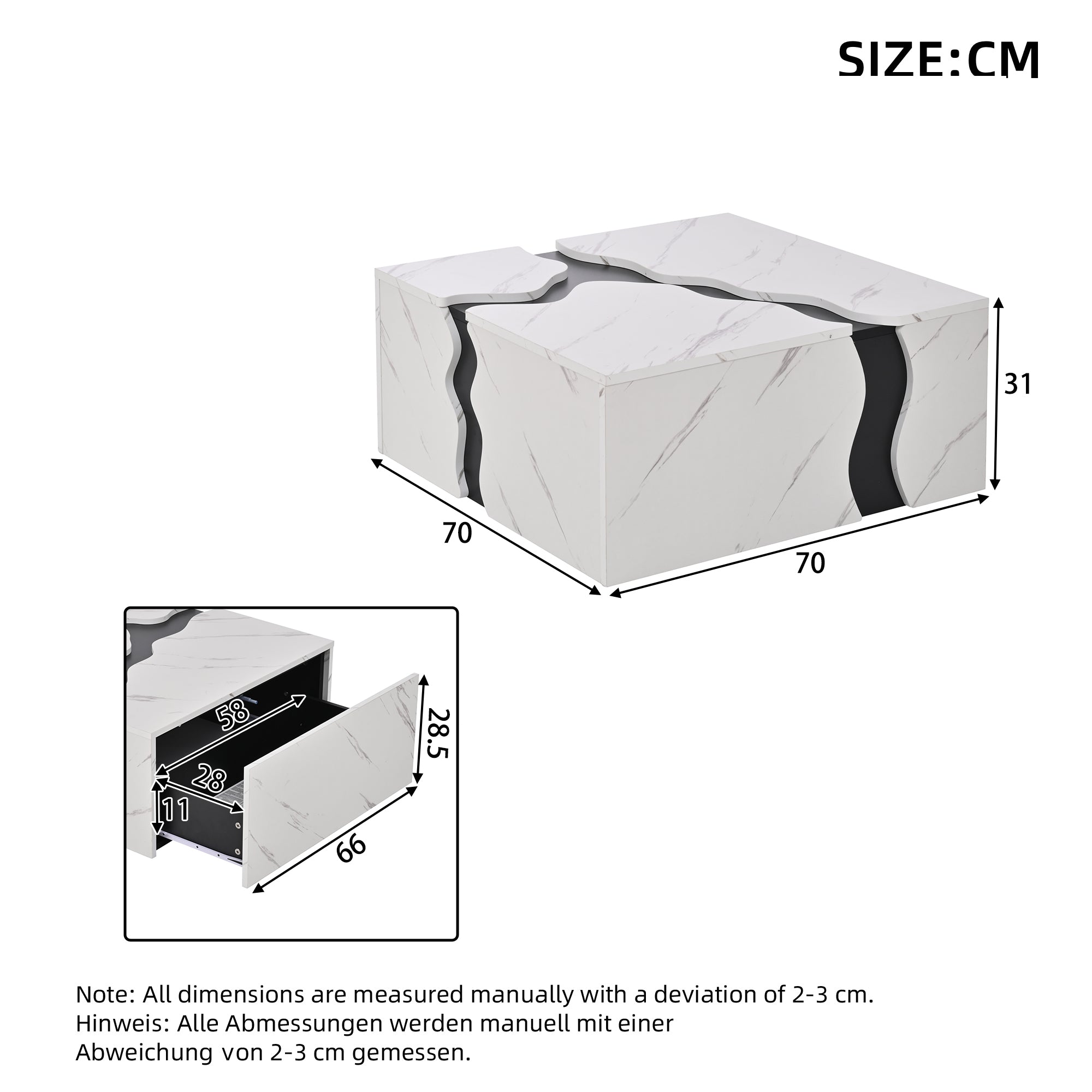 Living Room Coffee Table 70x70x31cm Cube Design Drawer Storage Marble Veneer
