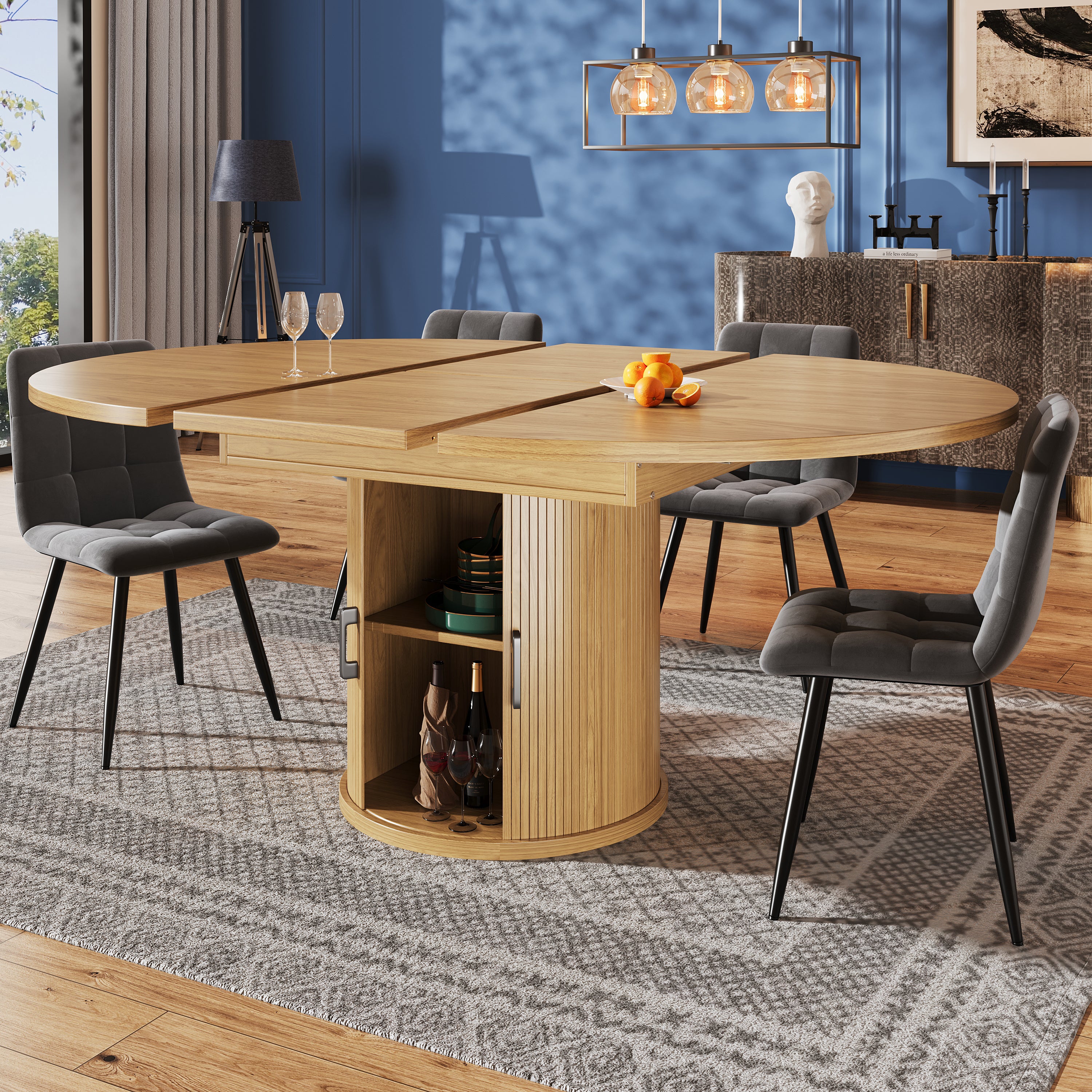 Extendable Round Dining Table, Oval Extension for 6 People, Wood Color