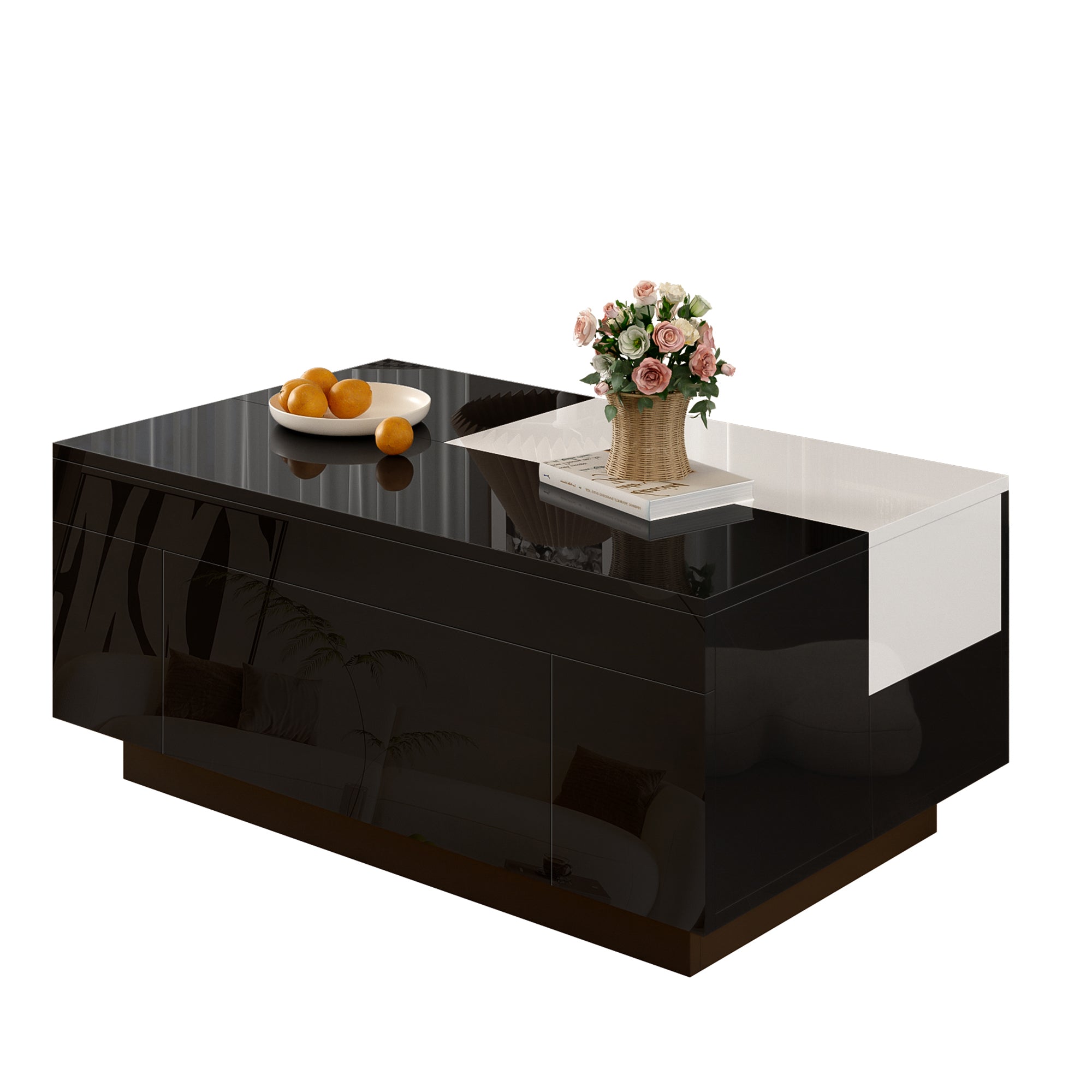 High-gloss Coffee Table with LED Lighting, Extendable, Storage, Black and White