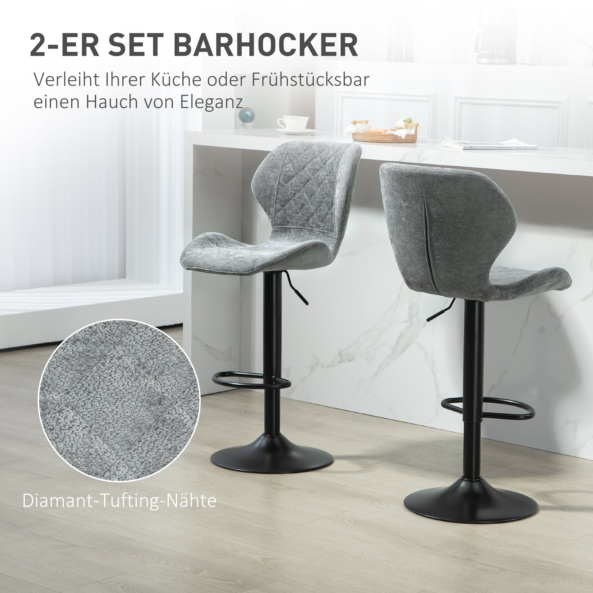 Bar stool set of 2, upholstered with backrest, height-adjustable, 360° rotatable, dark gray chenille look
