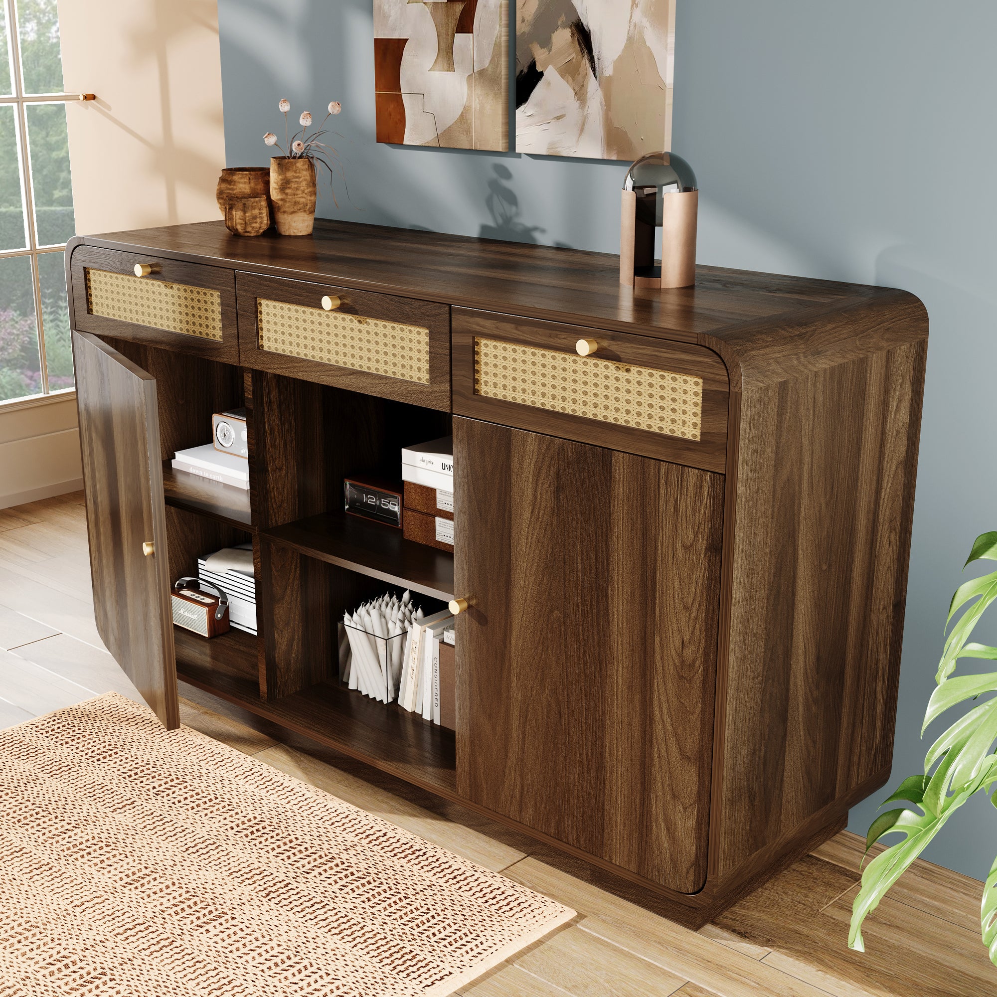 Chest of drawers/sideboard, 3 Drawers 2 Cabinets Rattan Gold Handles, 120cm Walnut