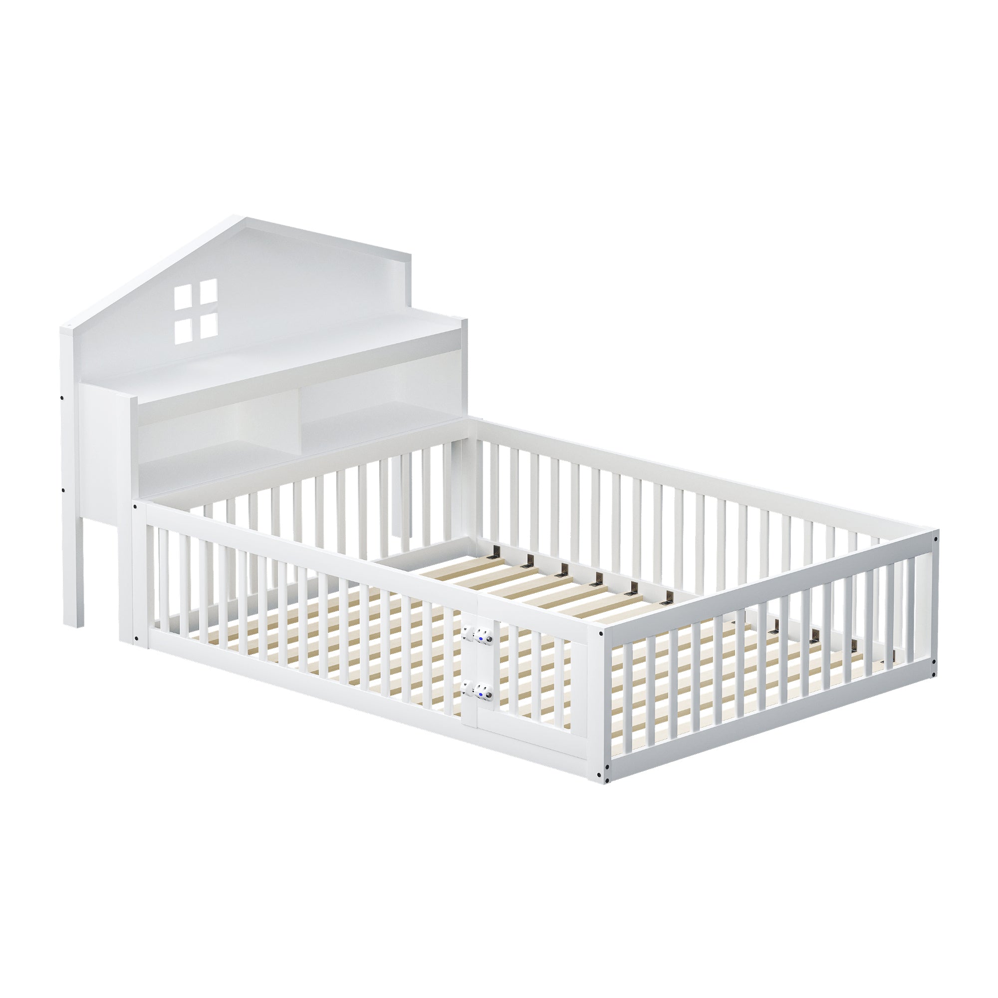 Children's Bed 140x200, Solid Wood House Frame with Shelves & Storage, White