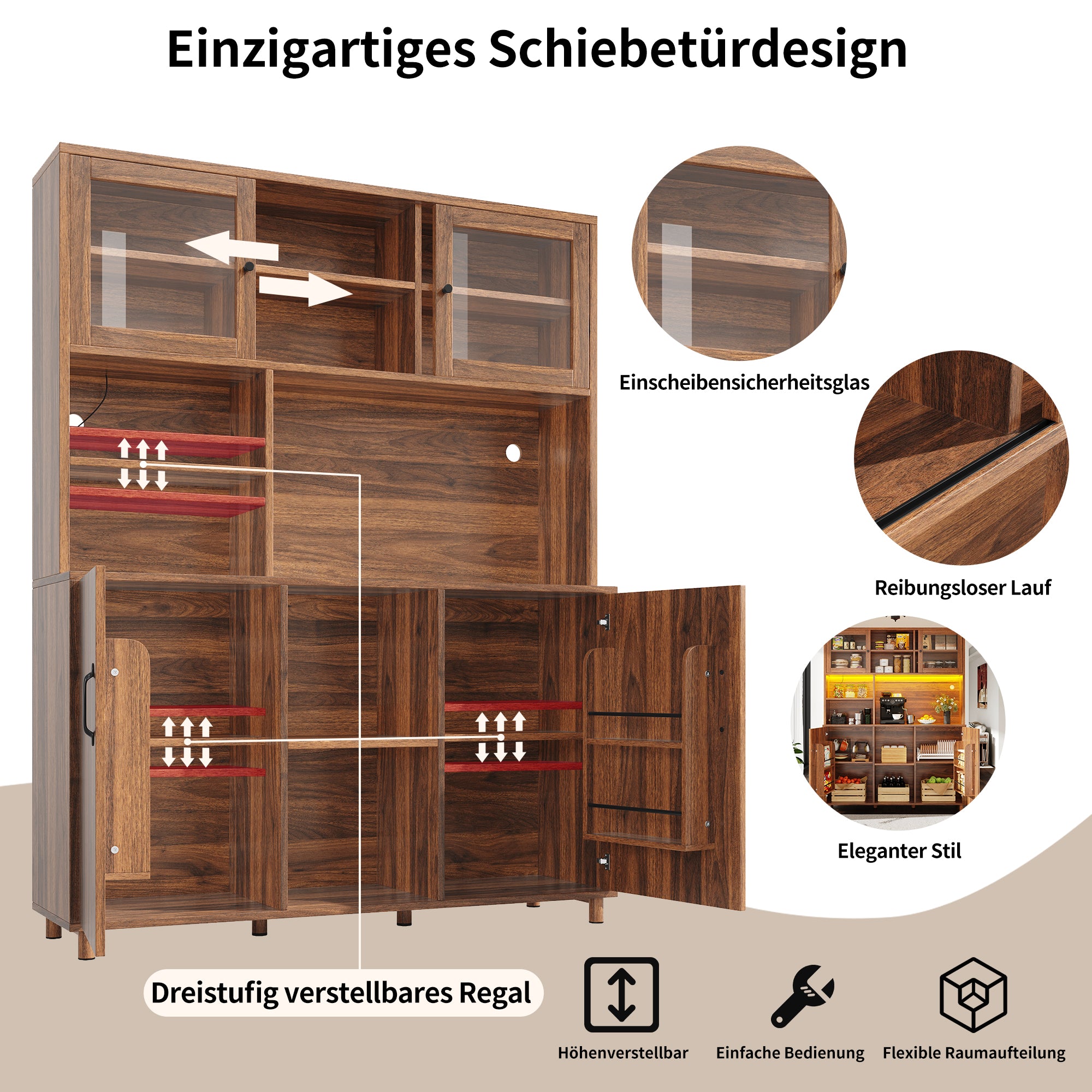 Tall Cabinet with LED Lighting, Snack Shelf, Retro - Walnut