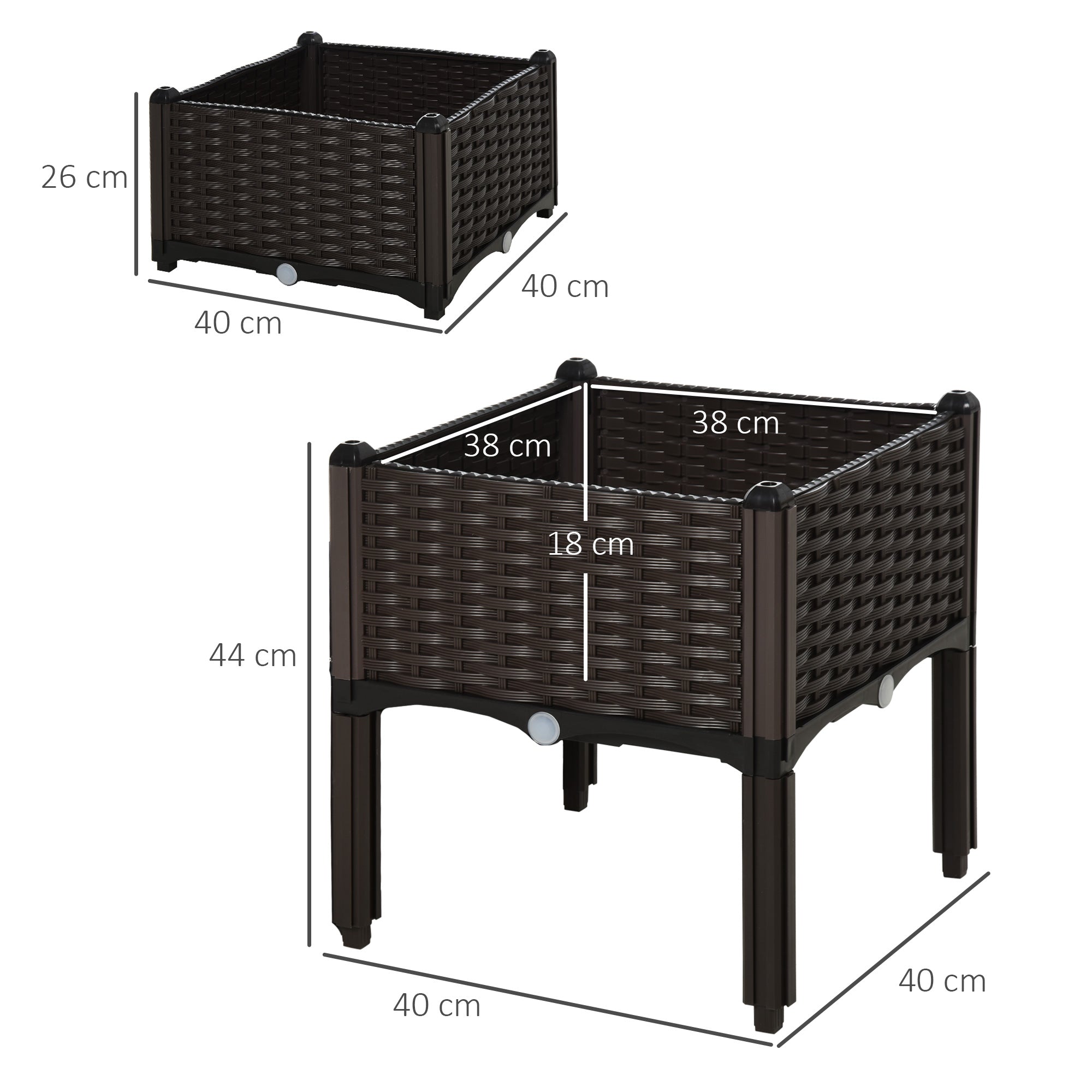Raised Bed Double Planter, Rattan Look, 80x40x44cm, PP, Brown