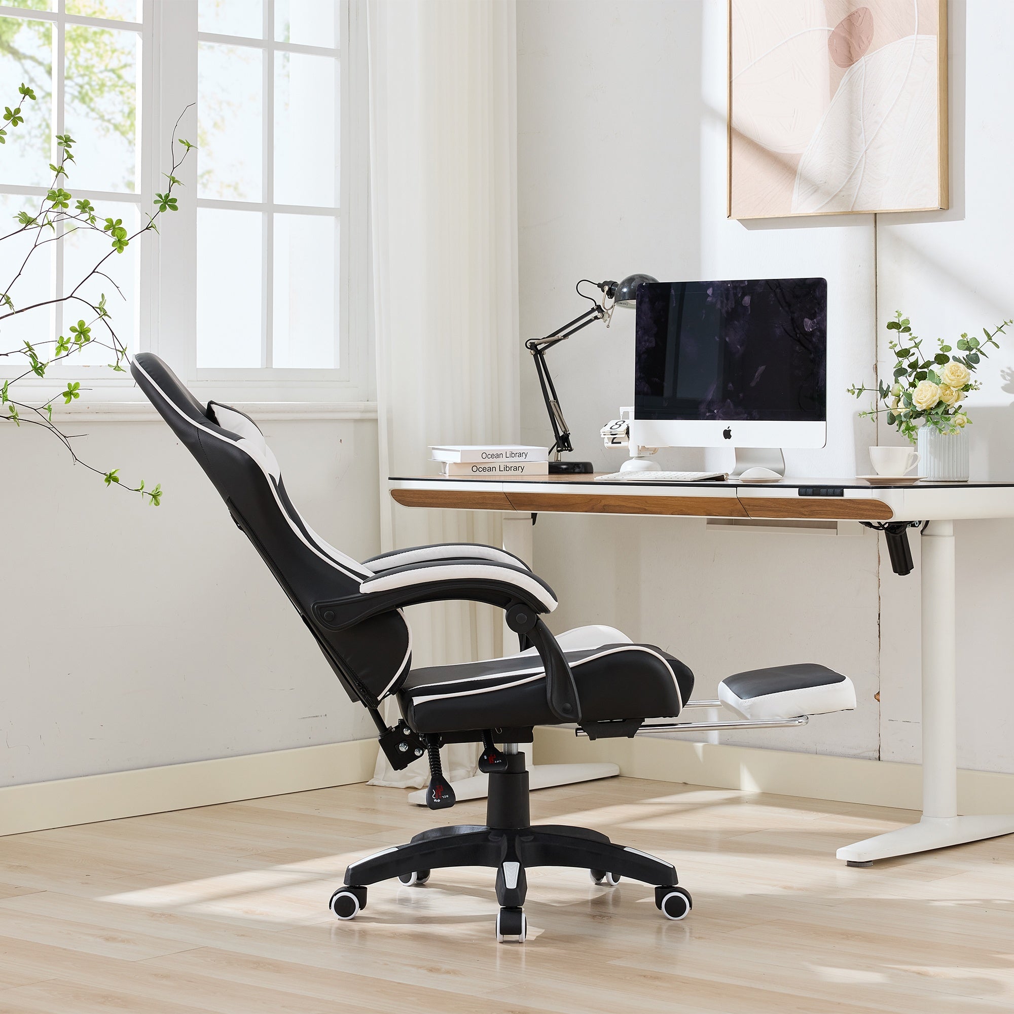 Gaming Chair 360° Swivel Ergonomic Racing High-Back Adjustable Footrest Headrest Lumbar Support - Black & White Leather