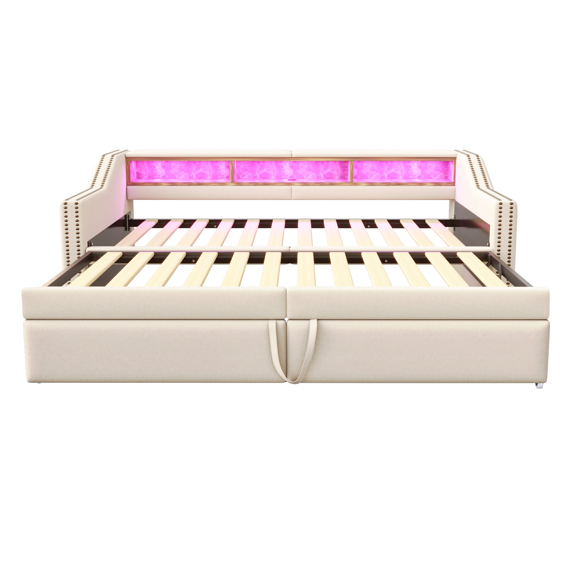 Upholstered Bed, Pull-Out Sofa Bed with Storage, LED & USB, Beige