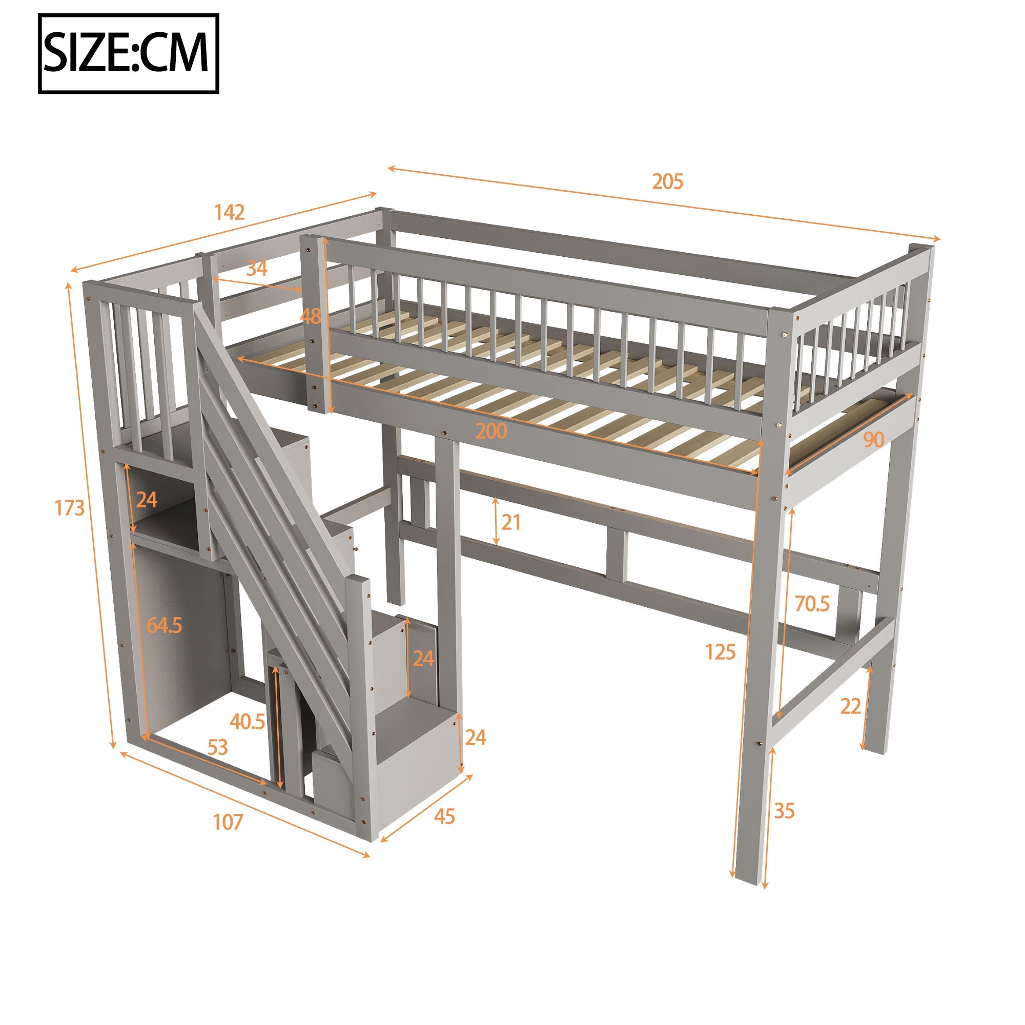 Solid wood bed 90*200 with stairs, storage cabinet, single bed, high version, grey