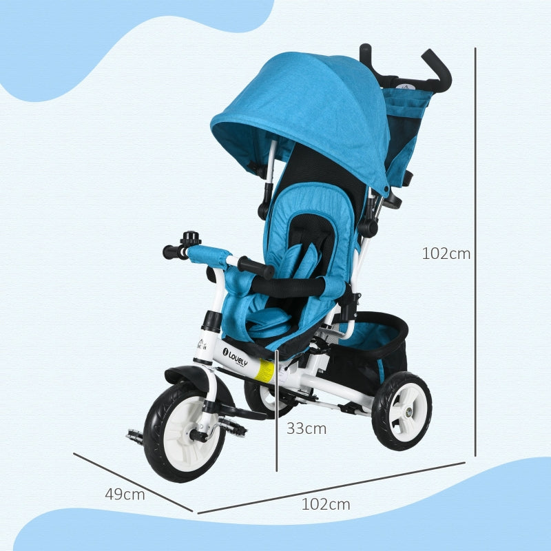 6-in-1 tricycle with push bar, removable sun canopy, 5-point safety harness, blue
