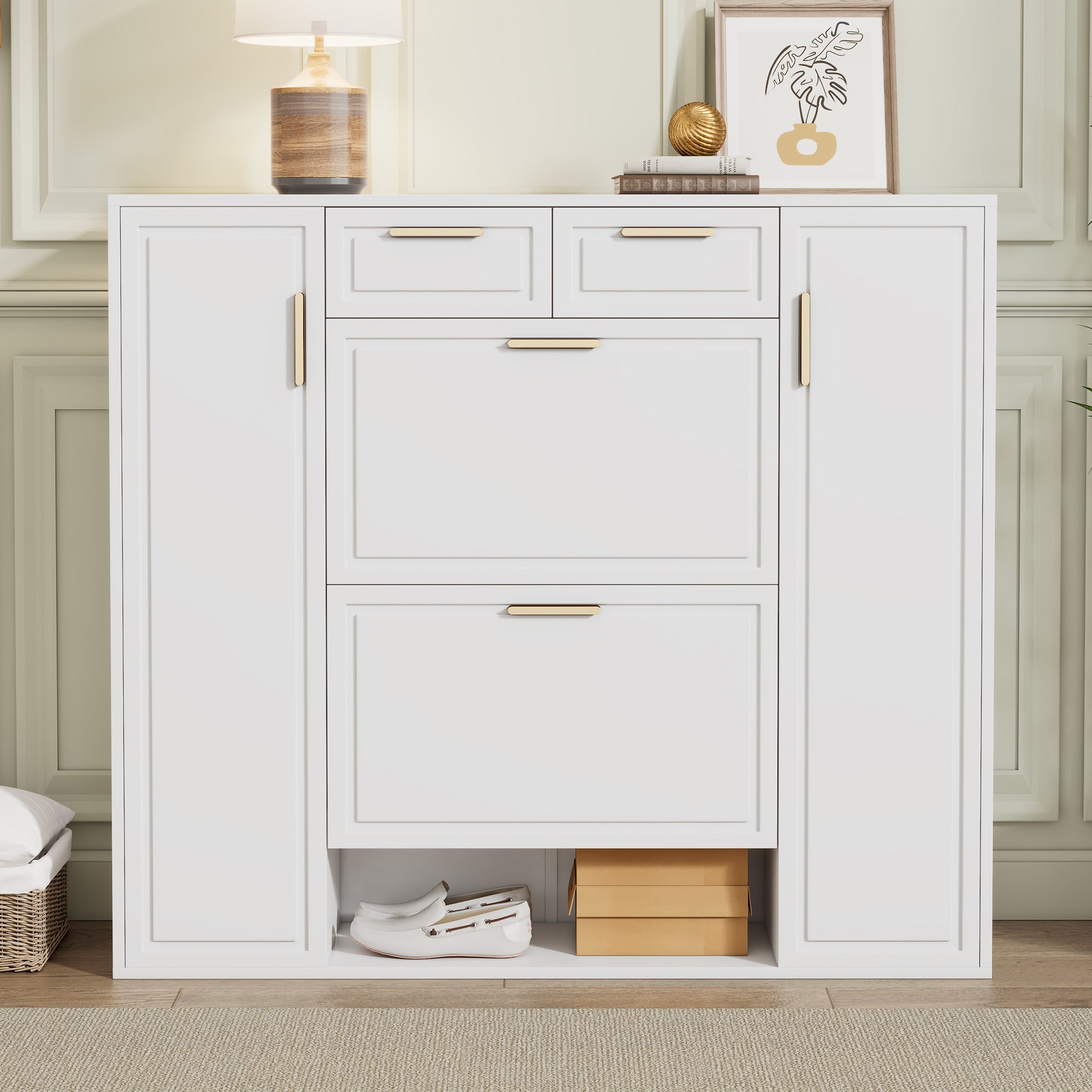 Modern shoe cabinet with adjustable shelves, 2 drawers, folding and 2 doors, white