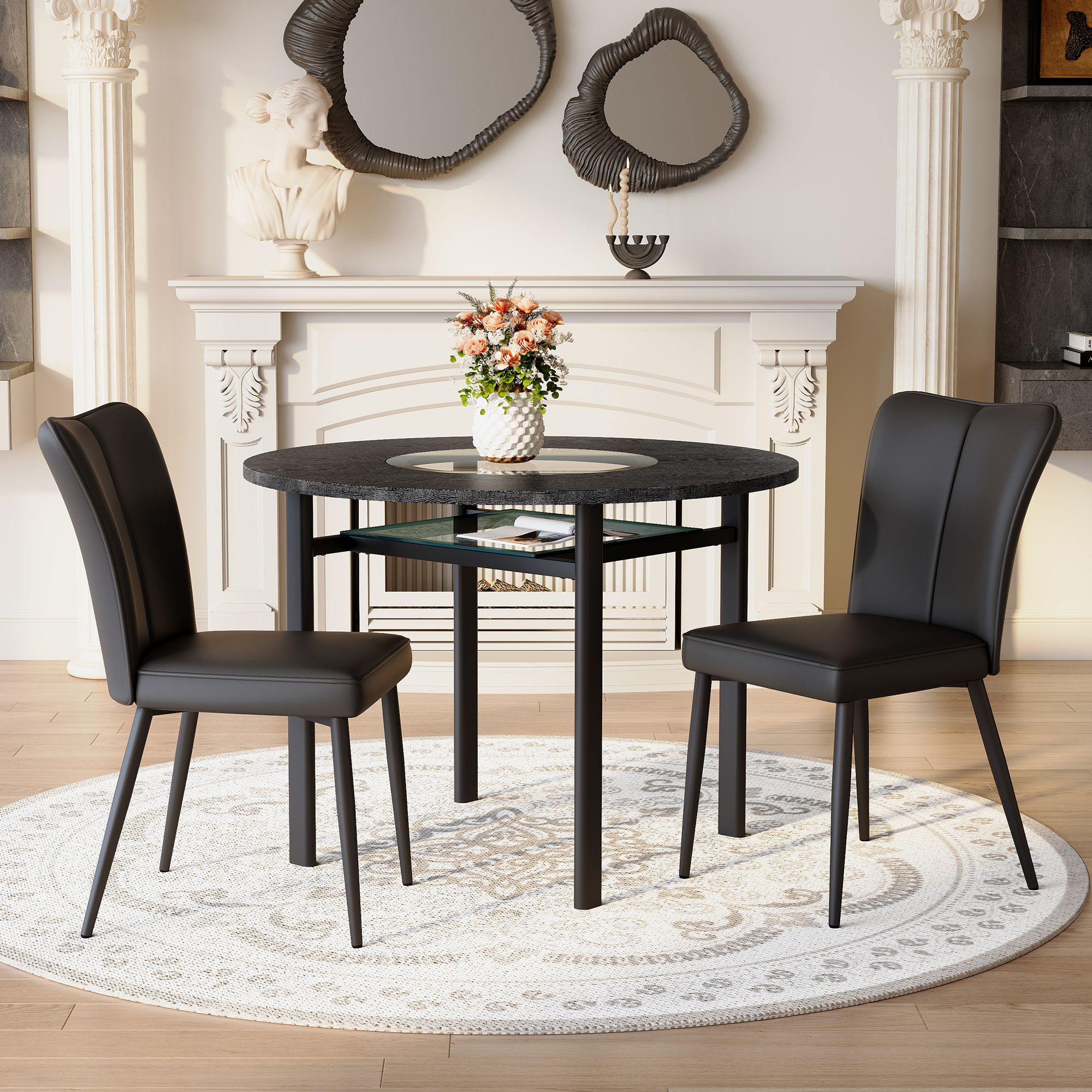 Modern Minimalist Round Table Set with 2 Black Armchairs 100cm Diameter Black Wood/PU
