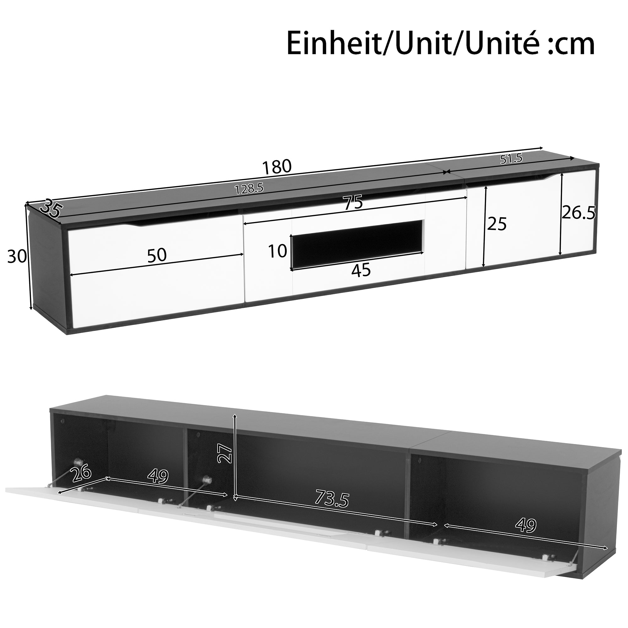 High-gloss TV Cabinet, 180cm LED USB Wall-Mounted Black & White