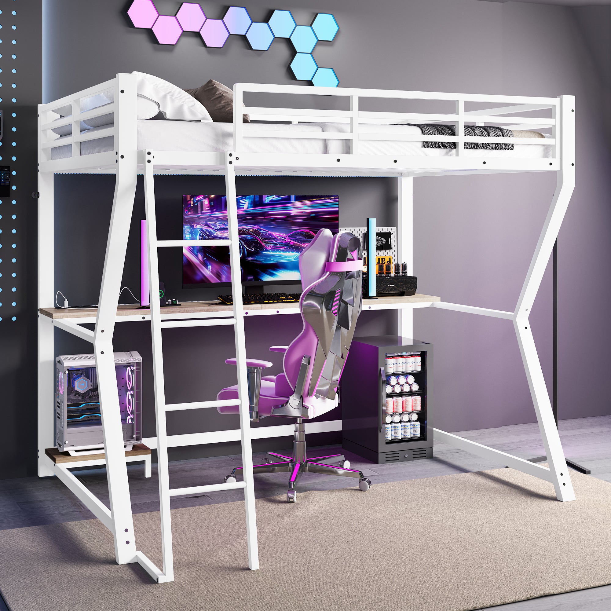 Loft Bed 90x200cm Desk LED USB Port Stairs - White