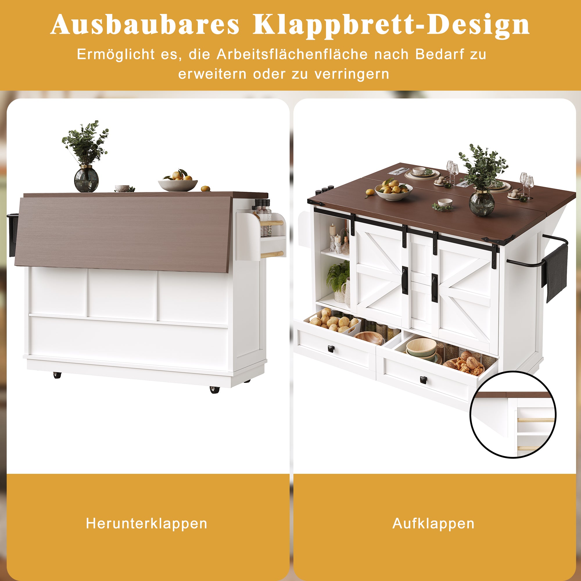 Kitchen Trolley Cart with Folding Table 3 Drawers & 2 Cabinet Doors