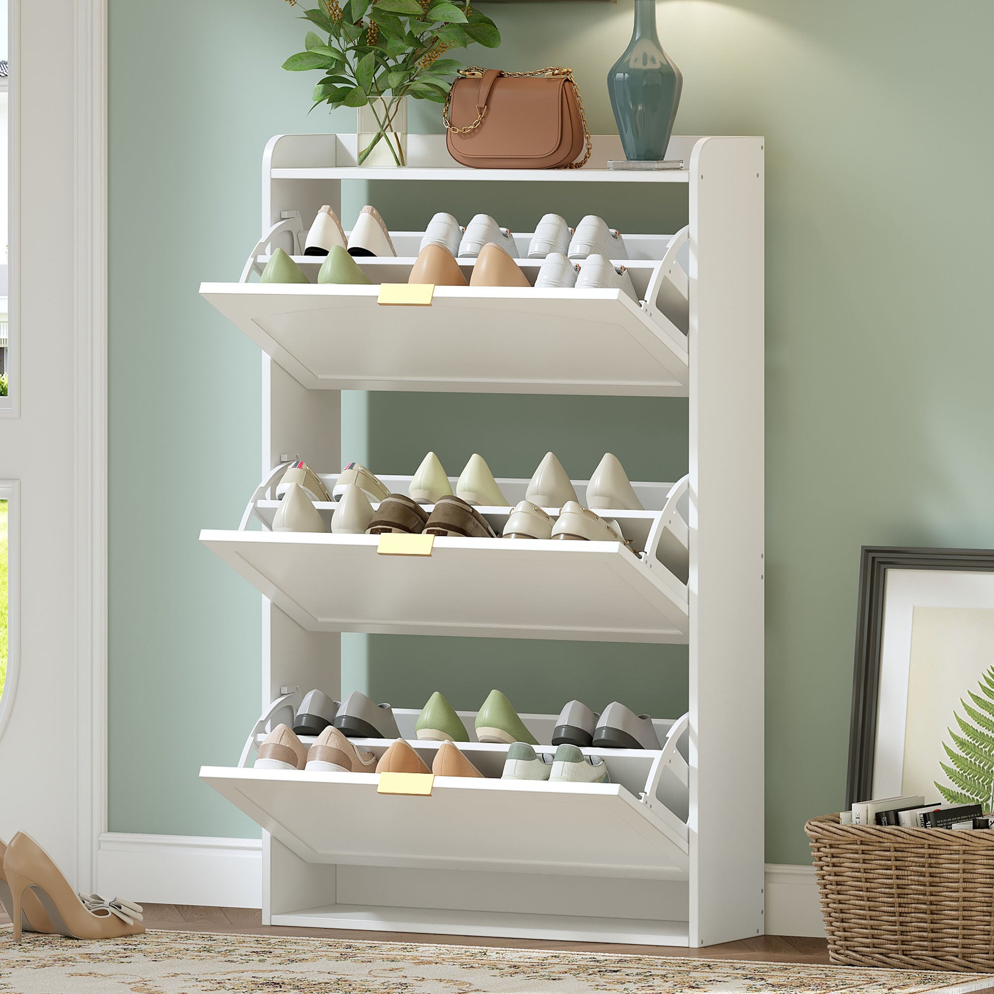 Narrow Shoe Cabinet, 3 Flaps Shoe Cupboard, White Particleboard