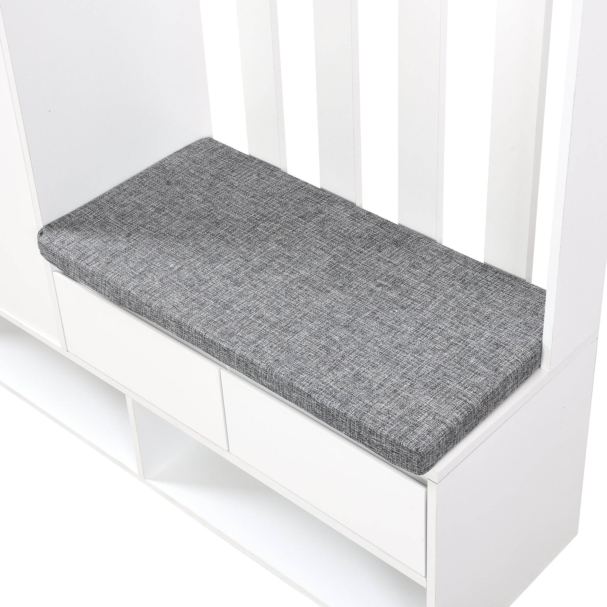 Hallway coat rack with padded storage bench and pegboard, with 4 hooks, white