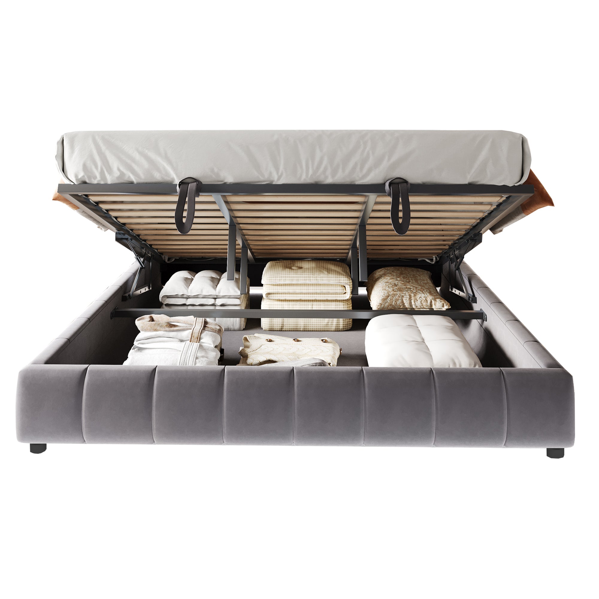 Upholstered Bed, 180x200cm LED Floating with Storage, Grey