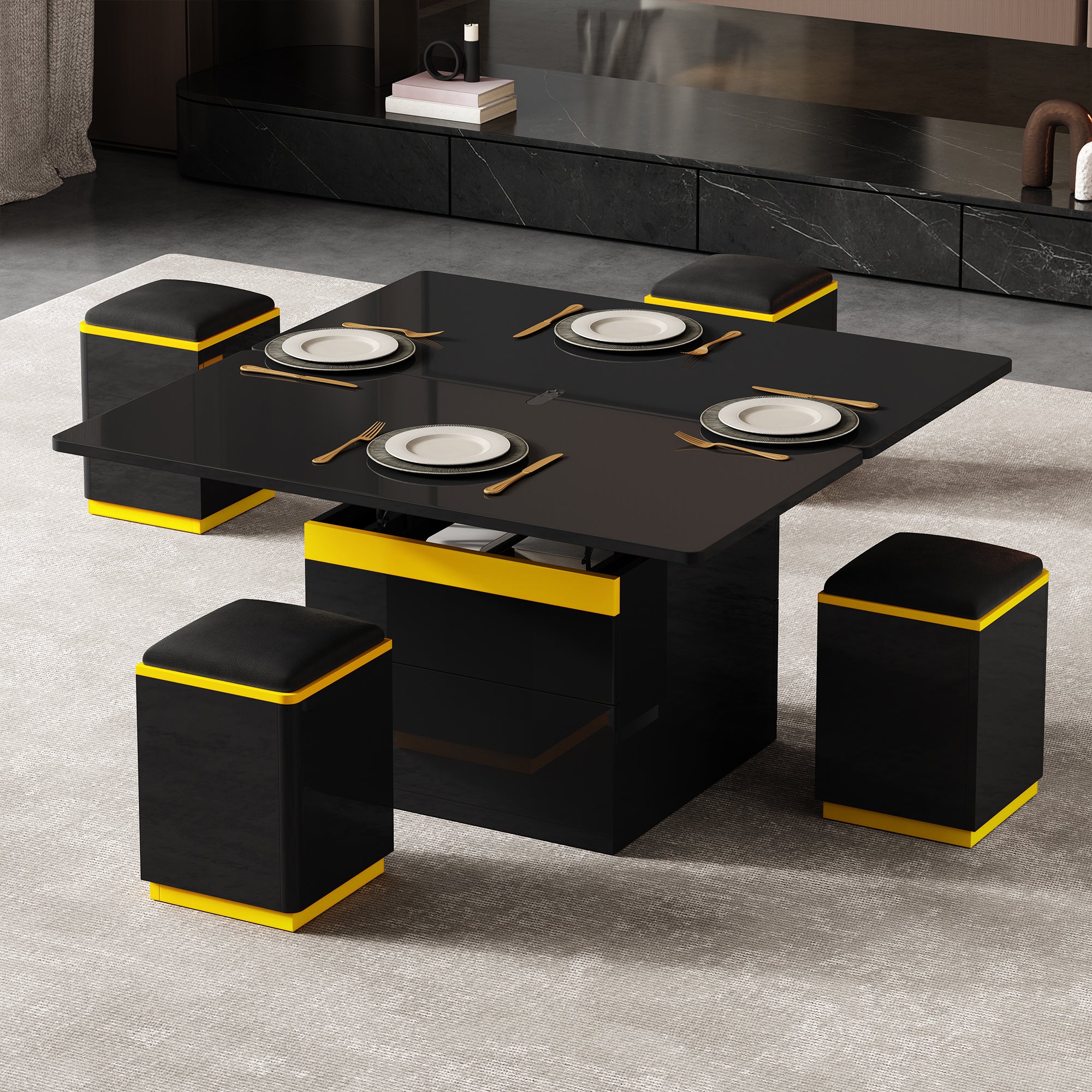 Coffee Table Multifunctional Height-Adjustable Foldable Black High-Gloss