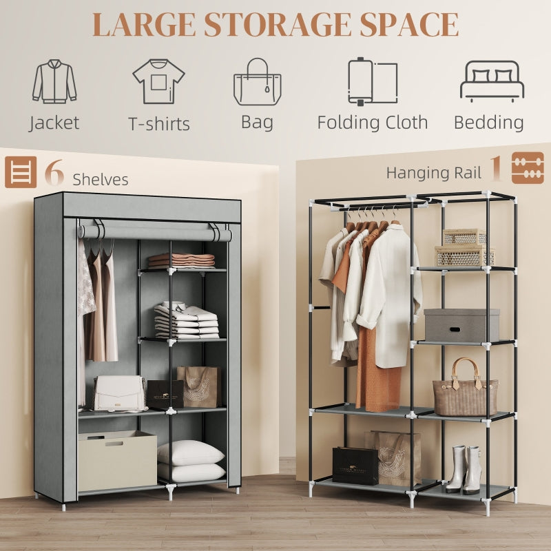 Fabric Wardrobe Portable, 6 Shelves 1 Hanging Rail Foldable Closet, Light Grey