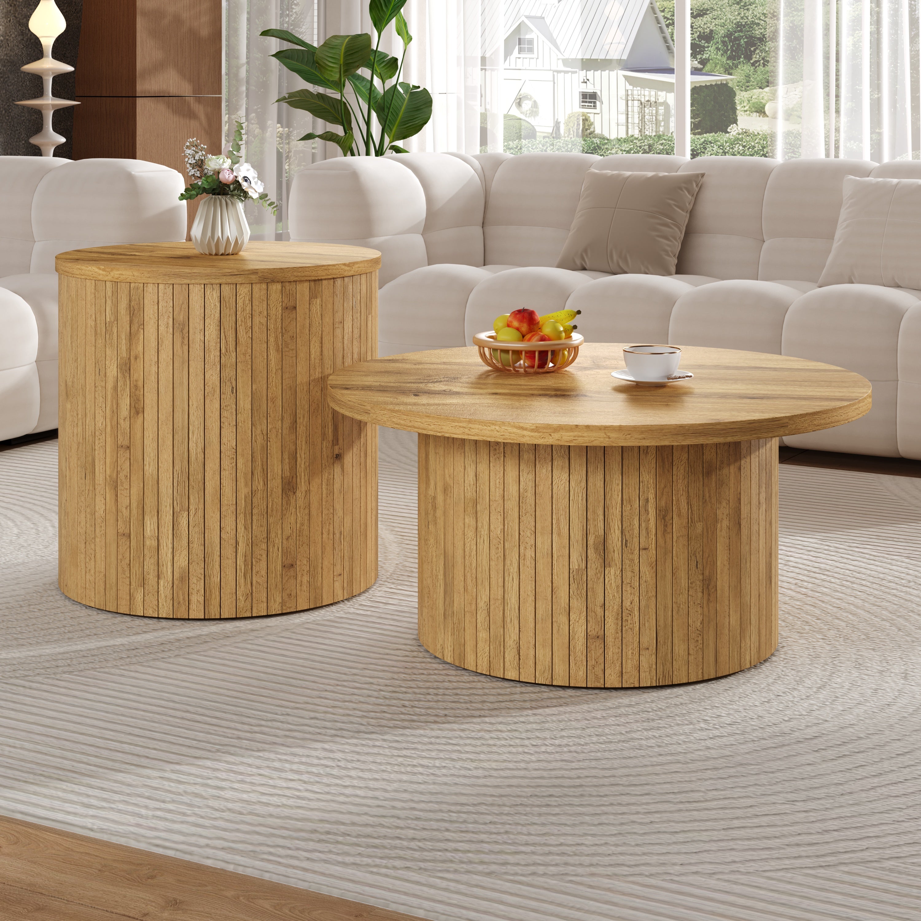 Coffee Table Double Round Slats Multifunctional - Natural Wood
