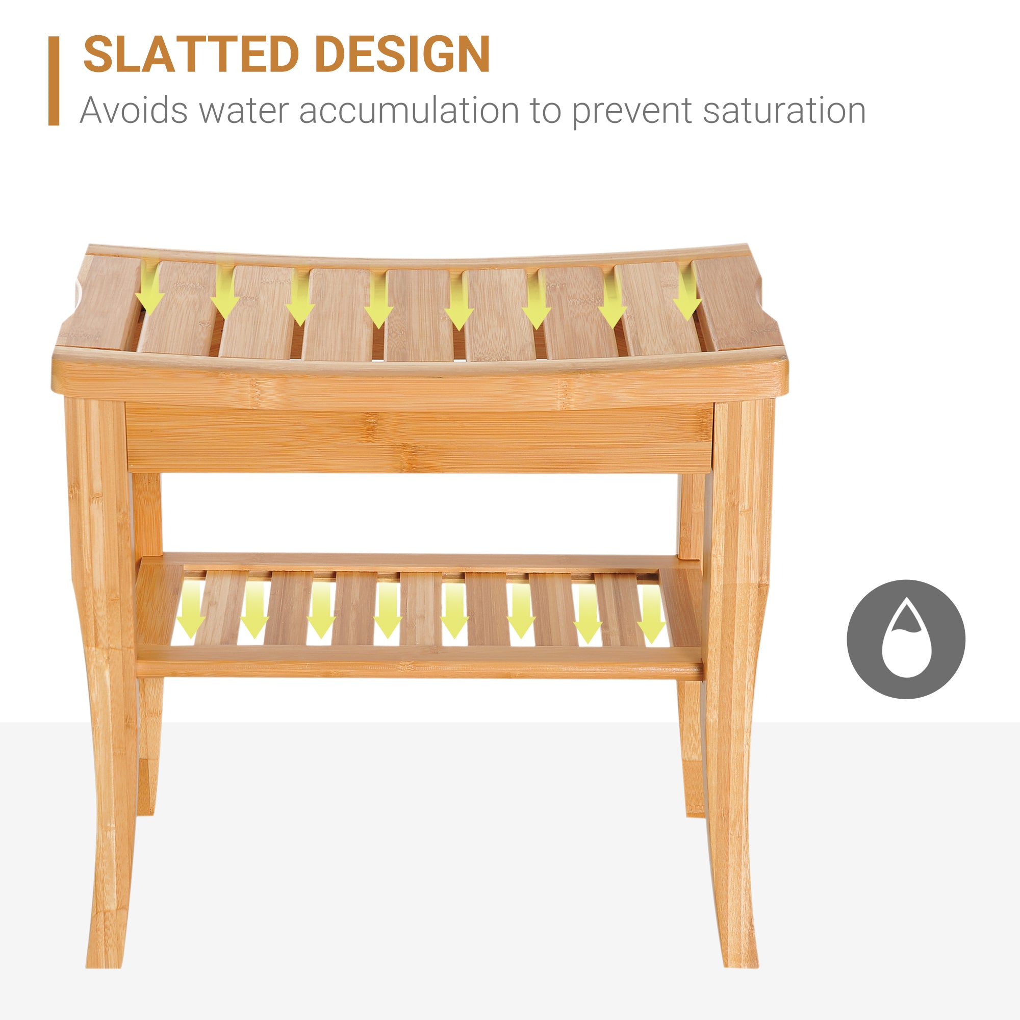 Shower Bench 45cm 2-Tier Slatted Storage Stool, Natural Wood