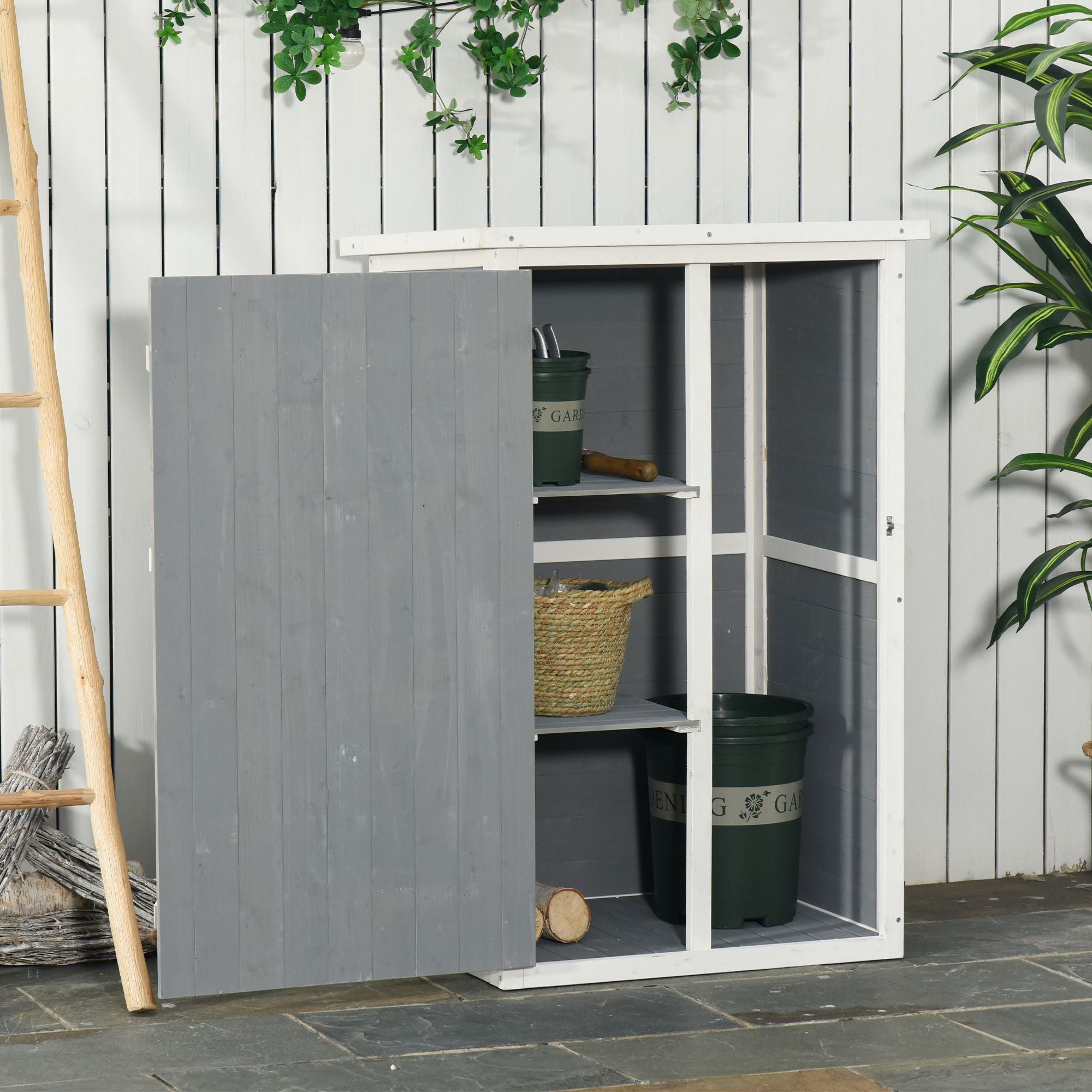 Garden Shed Tool Shed with Shelves Fir Black/Grey/White
