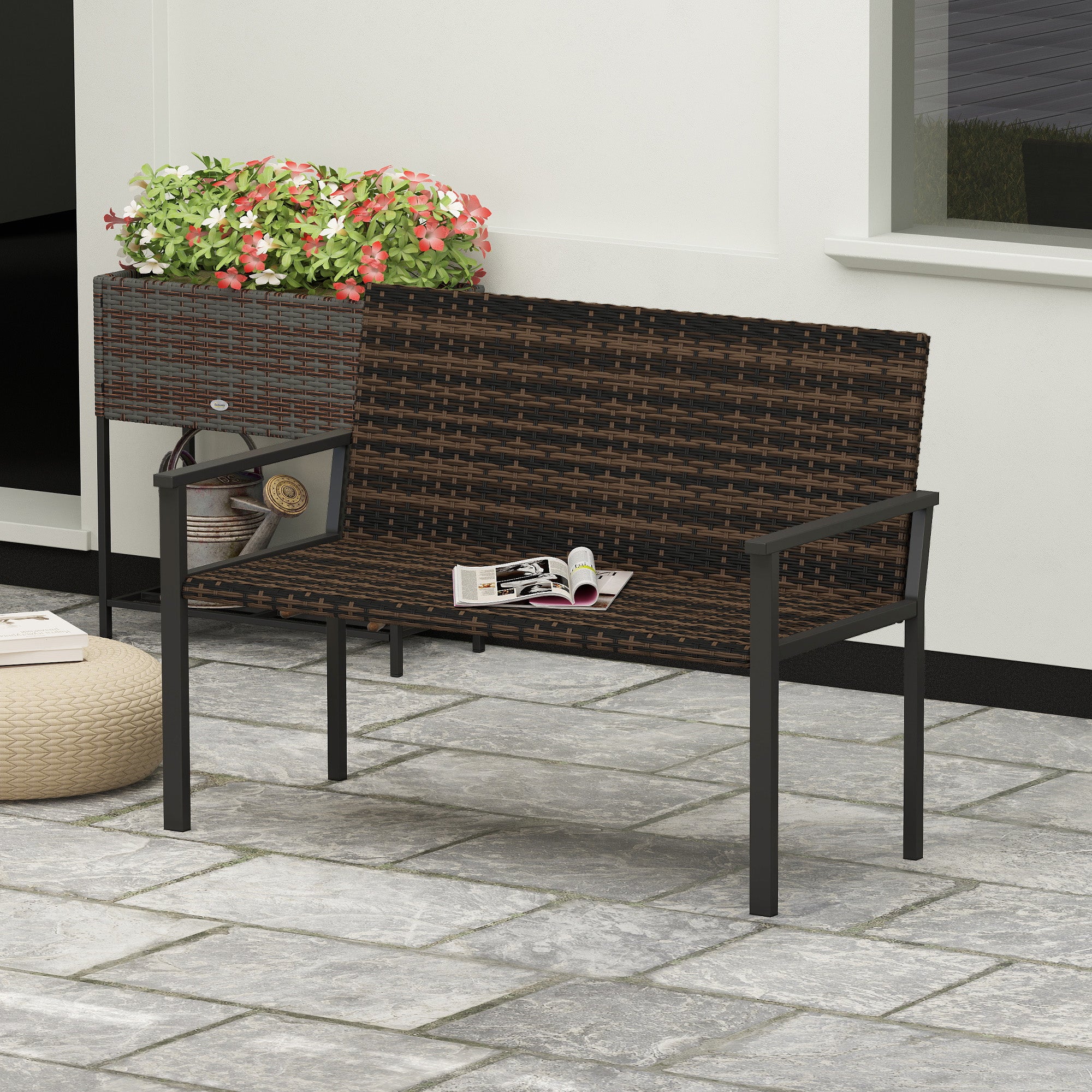 2 Seater Rattan Garden Bench Quick-Drying Cotton Padding Loveseat, Mixed Brown