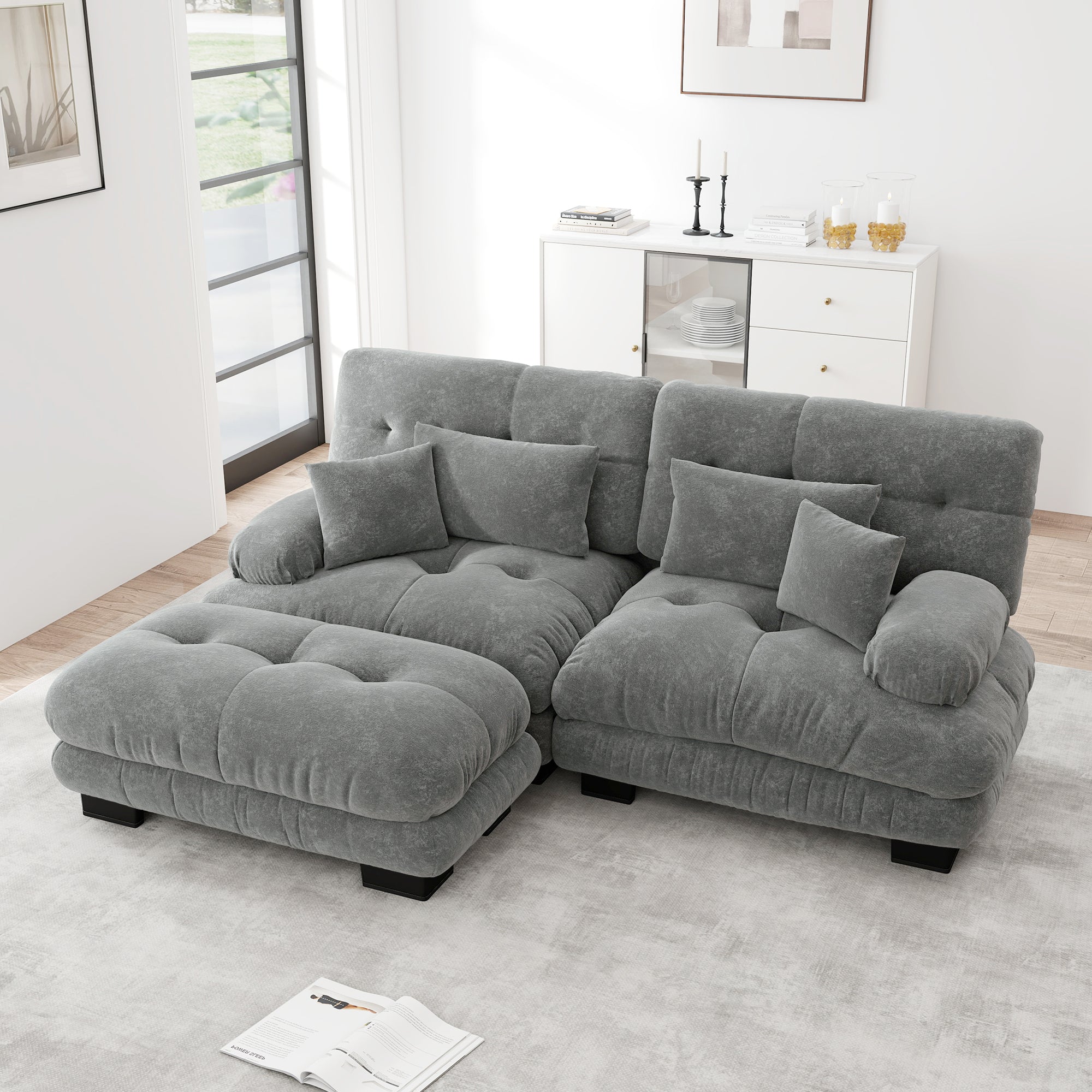 Cloud Corner Sofa, Double with Lumbar & Decorative Pillows, Wide Armrests & Ottoman, Chenille Grey