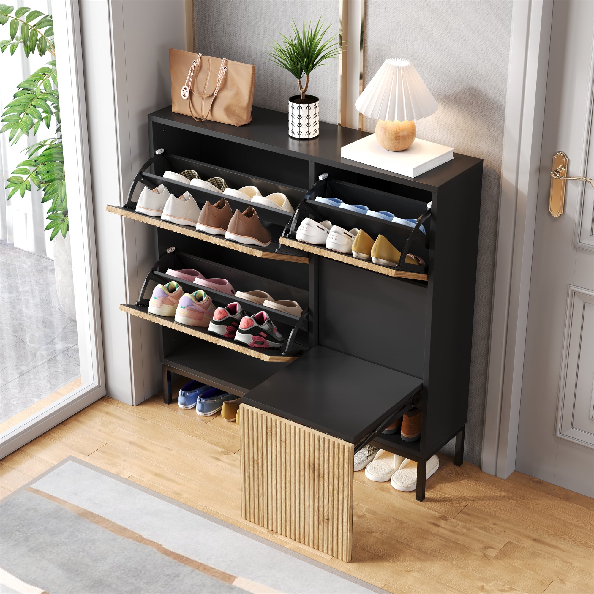 Shoe Cabinet with Changing Stool, 3 Flaps & Open Storage, Black + Wood Color