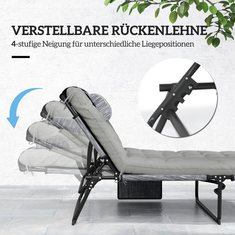 Sun Lounger 4-Position Adjustable Backrest Cushion Side Pocket - Grey