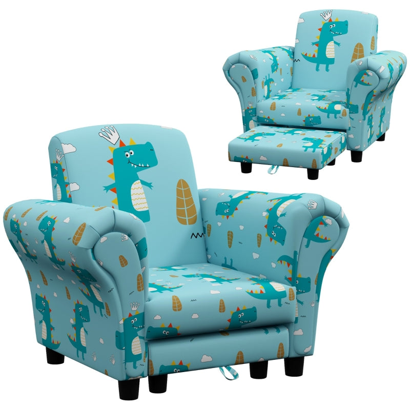 2 Piece Kids Sofa Set, Dinosaur Design Wooden Frame, Blue