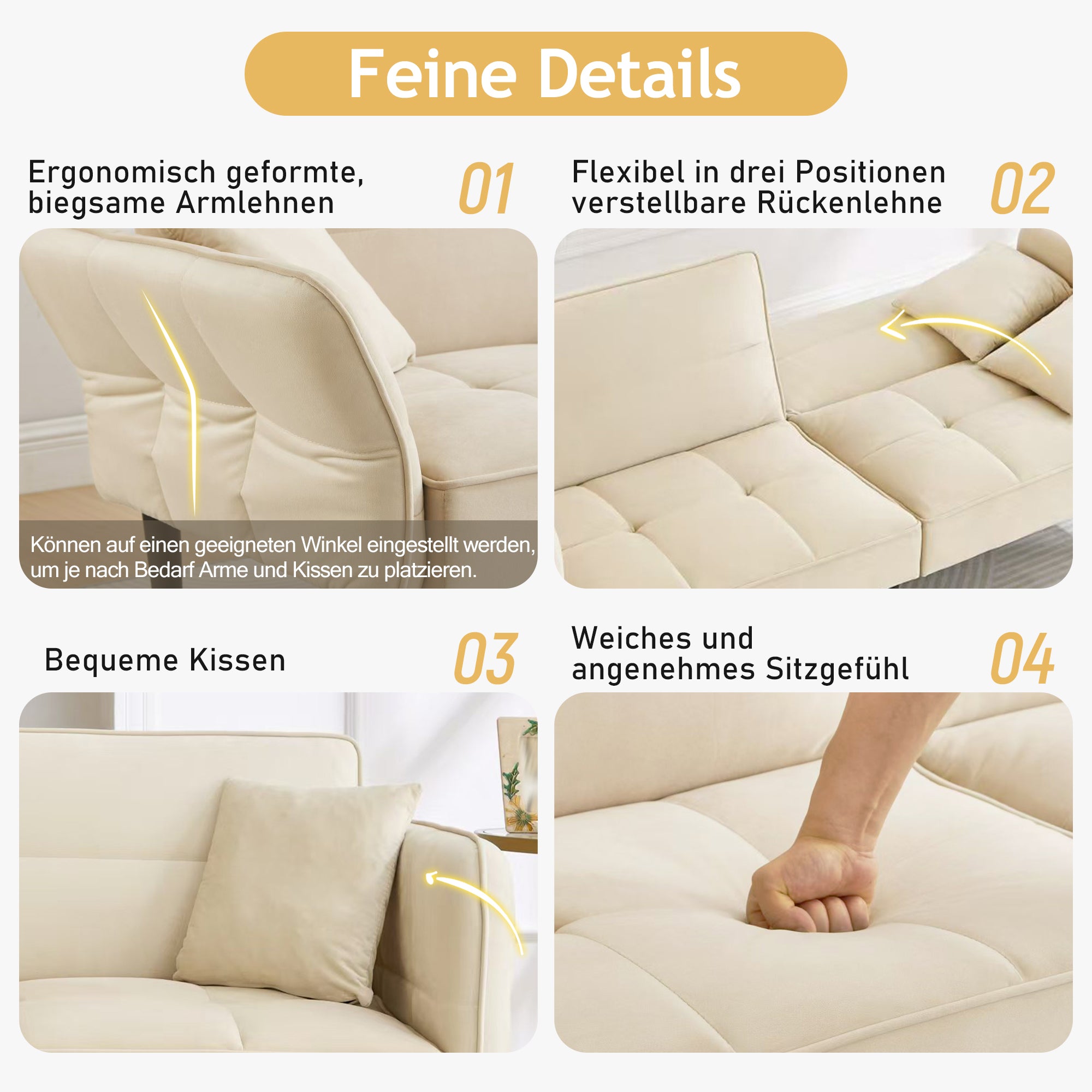 2-in-1 Adjustable Sofa Bed, Two-seater with Folding Armrests and Sleeping Function, Velvet