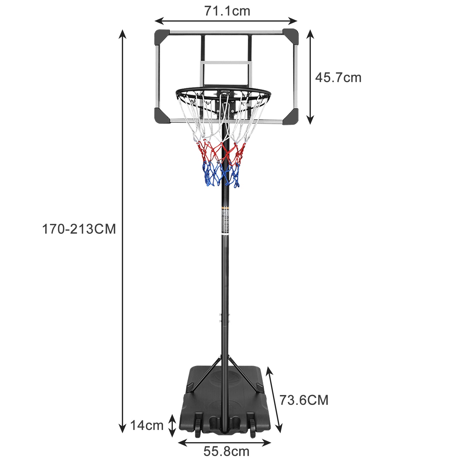 Portable Basketball Hoop 170-213cm Adjustable Height 71.1cm Shatterproof Backboard Wheels Outdoor/Indoor