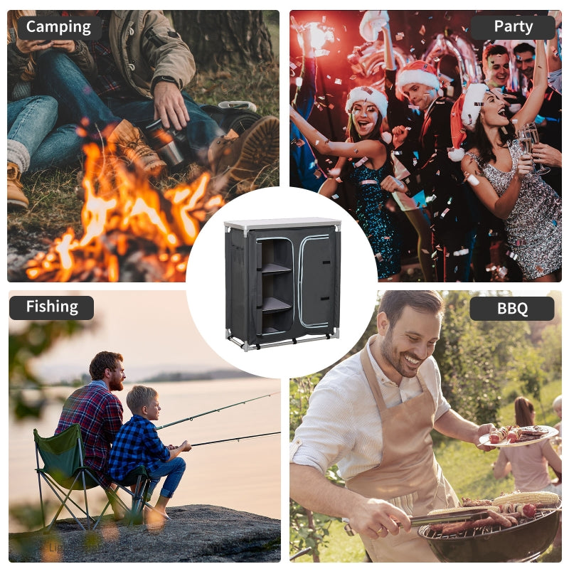 Camping Cupboard Kitchen Station Cook Table with 3-Shelf Storage Organiser, Aluminium