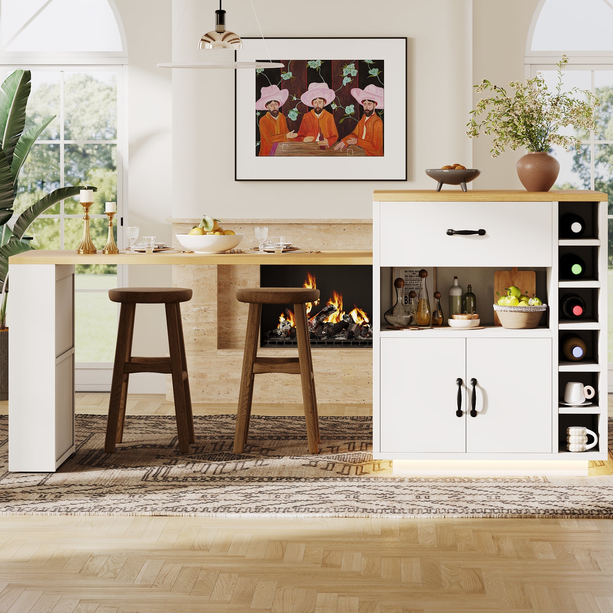 Kitchen Island with Pull-out Table and Storage, 2 Drawers and 4 Doors, Black/White