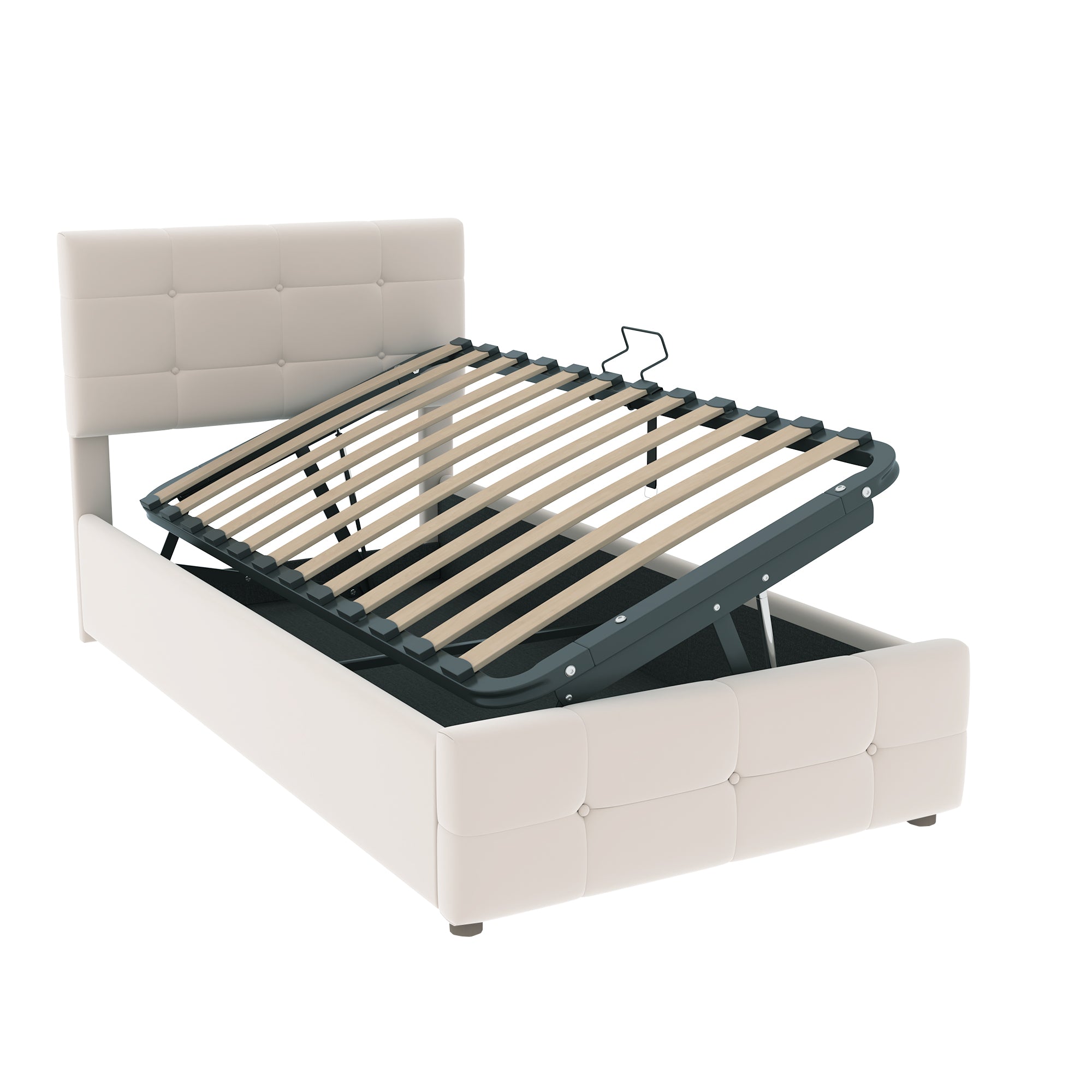 Upholstered Children's Bed 90x200cm, Hydraulic Storage, Adjustable Headboard, Velvet Beige