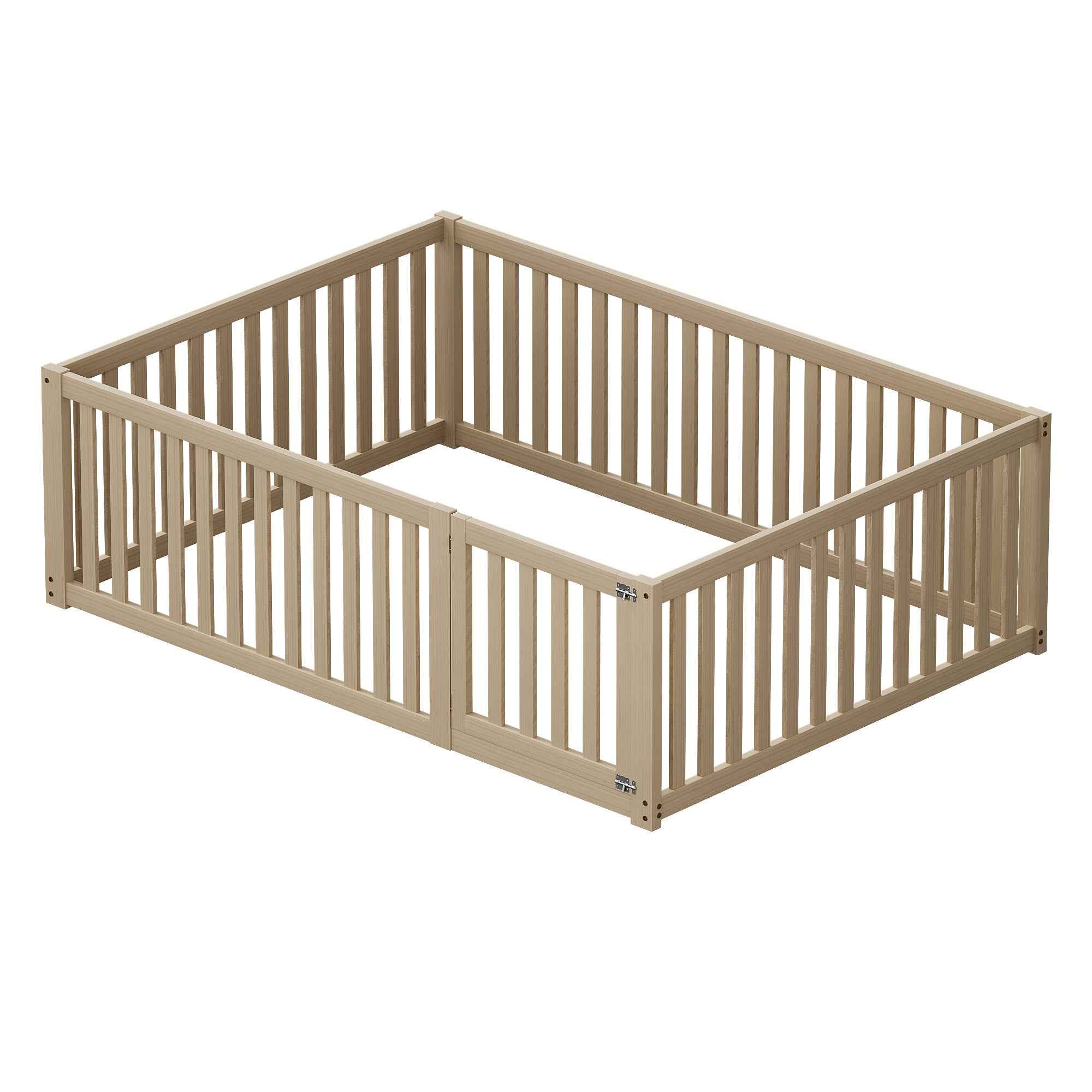 Children's bed 140x200 wooden floor bed frame with fence and door, wood color